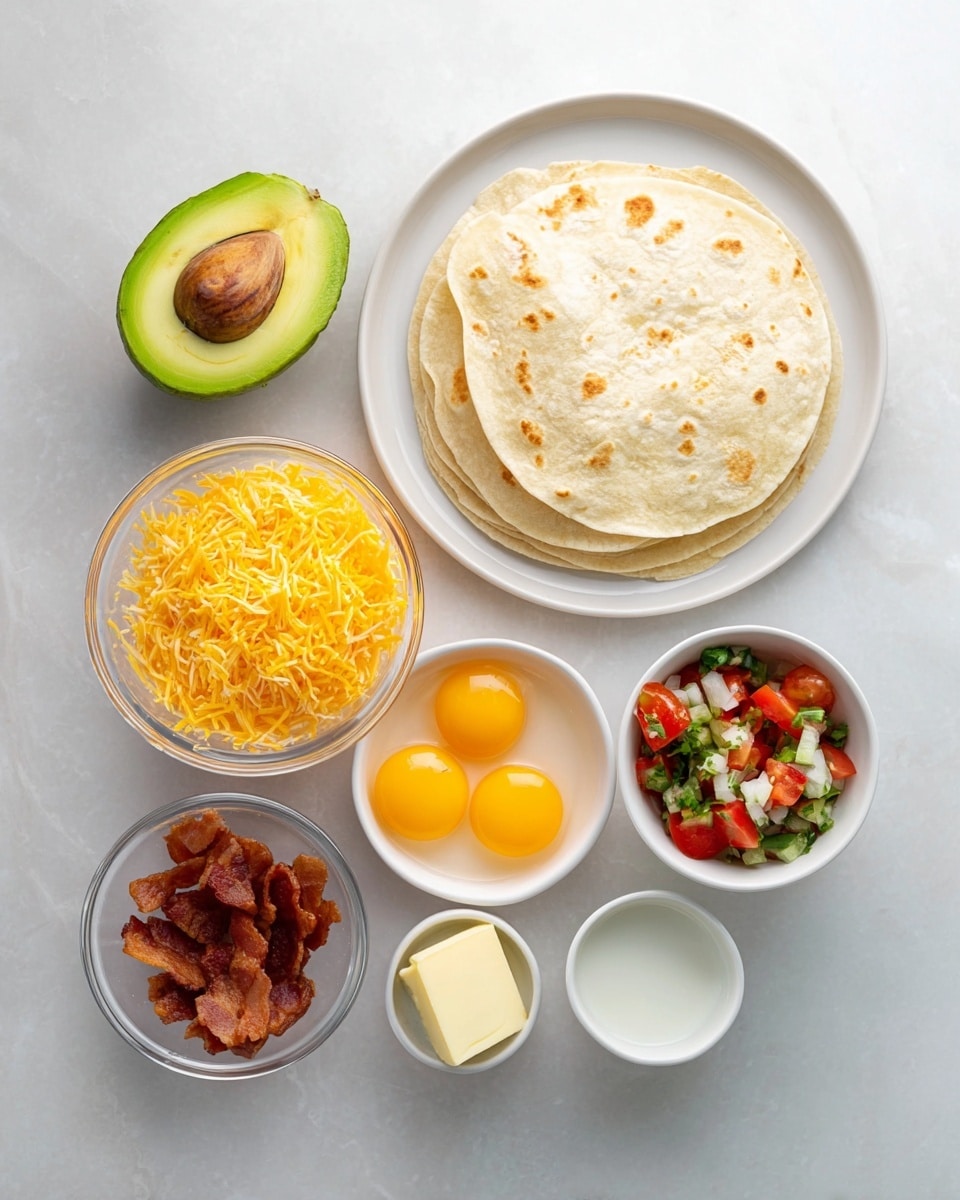 The image shows a white plate holding four soft, light beige tortillas stacked on the right side. To the left of the tortillas is a bright green half avocado with a large brown seed. In front of the tortillas is a small clear glass bowl filled with bright yellow shredded cheese, and next to it, on the right, is a white bowl containing fresh pico de gallo with red tomato pieces, white onion chunks, and green cilantro bits. Below the plate on the white marbled surface are four small bowls: one clear bowl with four raw eggs showing yellow yolks inside translucent whites, one white bowl with crispy brown bacon pieces, one white bowl with a small pat of pale yellow butter, one white bowl with a little milk, and one white bowl with a pinch of white salt. Photo taken with an iphone --ar 4:5 --v 7