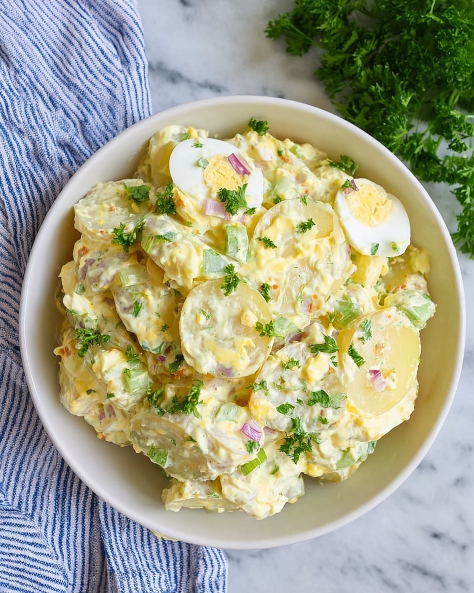 A white bowl filled with a creamy potato salad showing about three layers of thin potato slices mixed with a thick yellowish-white dressing. Bits of green celery, small pieces of red onion, and chopped boiled egg white and yolk are mixed evenly throughout. Small green parsley leaves are sprinkled on top for garnish. The bowl sits on a white marbled surface with a blue and white striped cloth to the side and fresh parsley in the background. Photo taken with an iphone --ar 4:5 --v 7