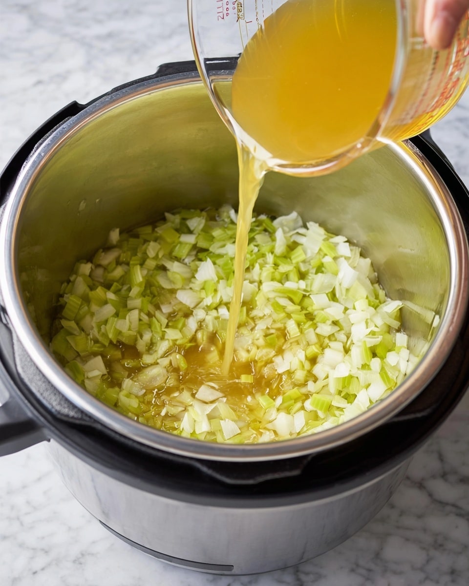 Inside a shiny stainless steel pot of a modern electric cooker, there are two layers: the bottom layer is soft chopped onions and light green chopped celery pieces with a slightly translucent texture, and the top layer is a woman's hand pouring golden-yellow broth liquid from a clear glass measuring cup down into the pot. The pot is placed on a white marbled surface. Photo taken with an iphone --ar 4:5 --v 7