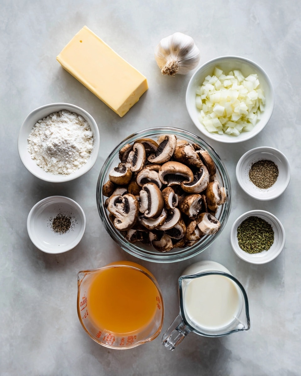 The image shows many ingredients placed on a white marbled surface. In the center, there is a clear glass bowl filled with sliced brown mushrooms that have dark gills. Around it, there are small white bowls with different items: one with white flour, one with a yellow stick of butter, one with chopped white onions, one with salt, one with black pepper, one with dried green herbs, and one with two garlic cloves. There are two clear measuring cups, one filled with a light orange broth and the other with white creamy liquid, both placed to the right of the mushrooms. The layout is neat and the colors are soft and natural, giving a fresh look to the ingredients. Photo taken with an iphone --ar 4:5 --v 7