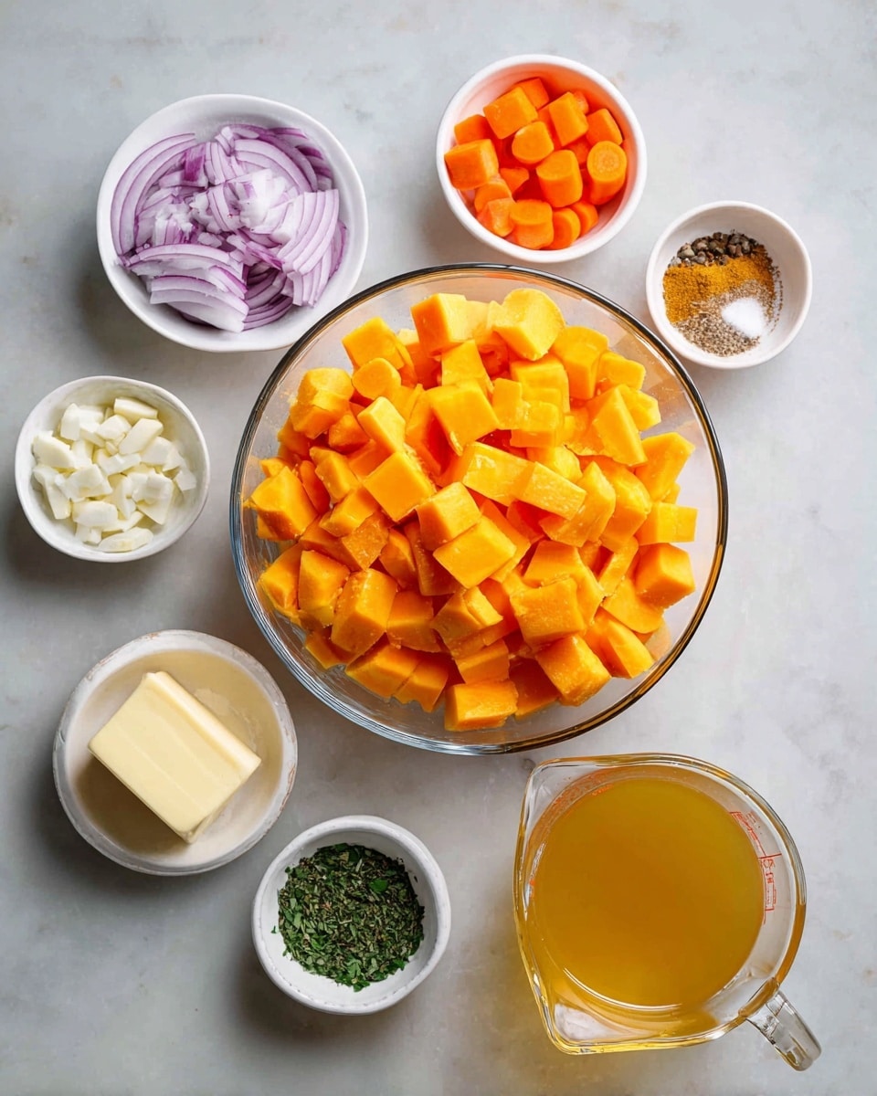 A clear glass bowl filled with bright orange chopped pieces of butternut squash is in the center on a white marbled surface. Surrounding it in small white bowls are thin orange carrot slices, chopped purple onions, two white garlic cloves, a small block of light yellow butter, a small pile of brown spice, finely chopped green herbs, black pepper, and white salt. A clear glass measuring cup filled with golden-yellow broth is placed near the bottom right. The whole setting is neat and organized for cooking preparation photo taken with an iphone --ar 4:5 --v 7