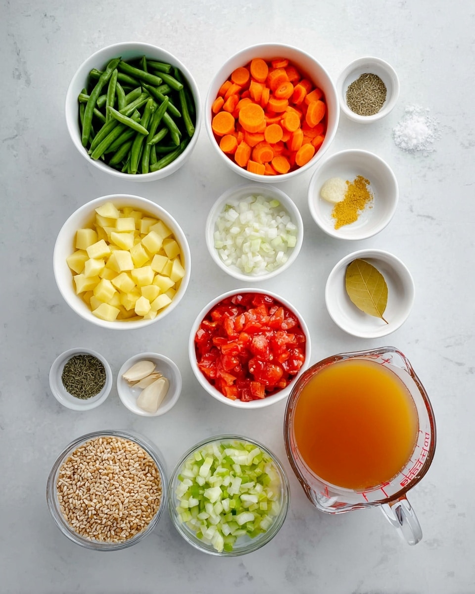 The image shows an arrangement of ingredients in white bowls and clear glass containers on a white marbled surface. At the top left is a white bowl with green beans, next to it on the right is a white bowl filled with sliced orange carrots. Below the green beans is a white bowl with chopped green celery. Near the center, there is a white bowl with red chopped tomatoes. To the left, there are two clear bowls, one with diced white onions and another with diced yellow potatoes. In the bottom left, a small clear bowl holds barley grains. To the right of the barley, there is a clear glass measuring cup filled with amber-colored broth. Surrounding these, smaller white bowls contain a yellow bay leaf, crushed garlic cloves, dried herbs, salt, black pepper, and other seasonings. The setup is neat and organized in a flat lay style. photo taken with an iphone --ar 4:5 --v 7