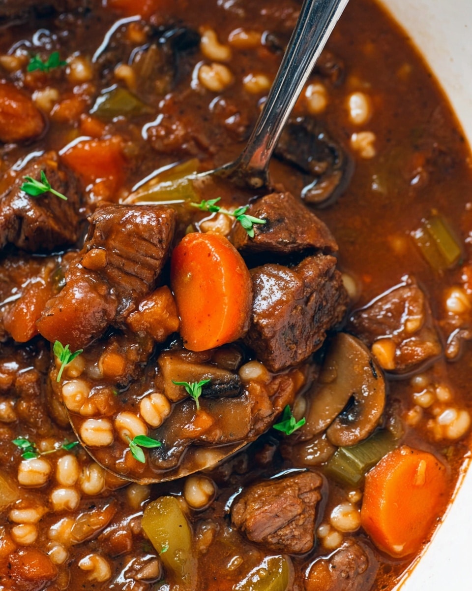 The image shows a close-up of a thick stew with visible layers of chunky brown meat pieces, bright orange carrot slices, small round beige grains, light green celery pieces, and dark brown mushroom slices in a rich brown sauce. The stew fills a white marbled surface beneath it, and a metal spoon is scooping some stew near the top left corner. Small green herbs are scattered on top, adding a touch of color. The texture looks hearty and dense with a glossy finish on the meat and vegetables. photo taken with an iphone --ar 4:5 --v 7