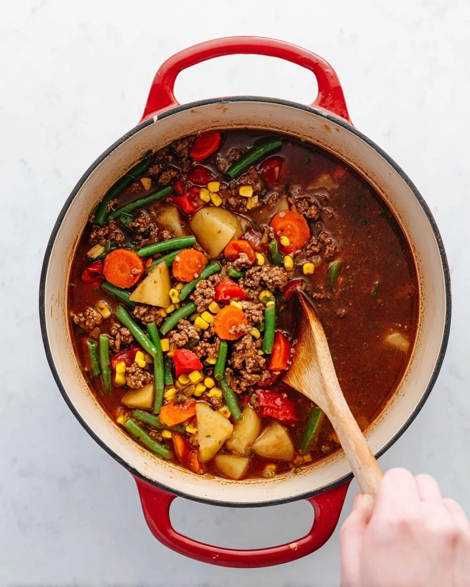 In a white pot with red handles, there is a rich stew with a dark brown broth filled with chunky pieces of cooked ground meat, bright orange carrot slices, green beans cut into sections, yellow potato chunks, sweet corn kernels, diced onions, and red tomato pieces. A woman's hand holds a wooden spoon stirring the colorful mix, showing the textures of tender vegetables and meat blending with the slightly thick broth. The pot sits on a white marbled surface, creating a clean and bright background for the hearty dish. photo taken with an iphone --ar 4:5 --v 7
