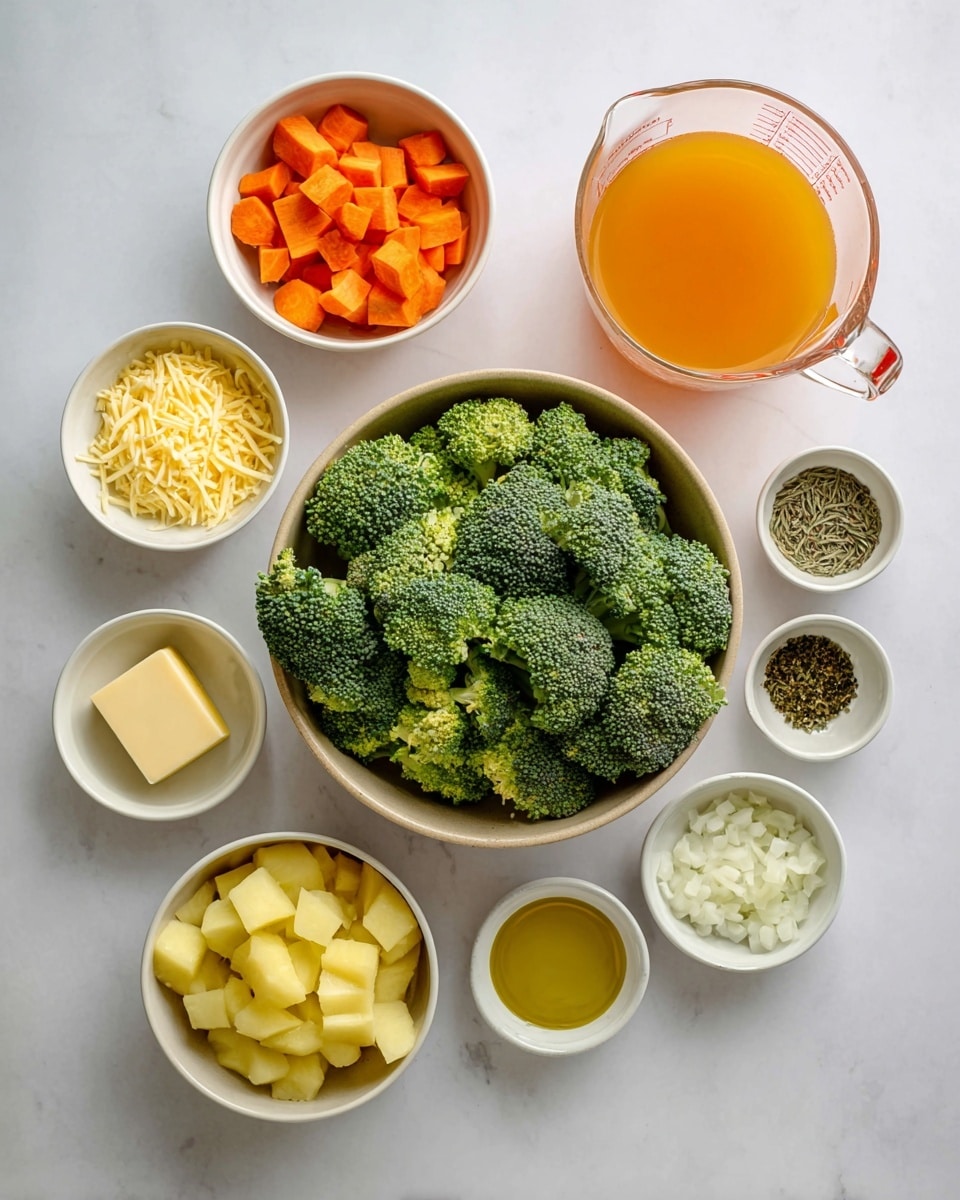 The image shows ten bowls and a large glass measuring cup arranged on a white marbled surface. In the center, there is a large beige bowl filled with fresh, bright green broccoli florets. Above it, one small white bowl holds sliced orange carrot pieces, and another white bowl below the carrots contains diced yellow potatoes. To the left of the potatoes, a small white bowl holds light yellow shredded cheese, and below it, another small white bowl has a square piece of butter. A pair of garlic cloves rest in a small white bowl near the butter, while a small white bowl with golden oil sits next to the garlic. Below the broccoli, a small white bowl contains diced white onions. Two tiny white bowls are beside the onions, one filled with black pepper and the other with salt. Behind them is a small bowl with dried green herbs. The large glass measuring cup to the right holds an orange liquid. Photo taken with an iphone --ar 4:5 --v 7
