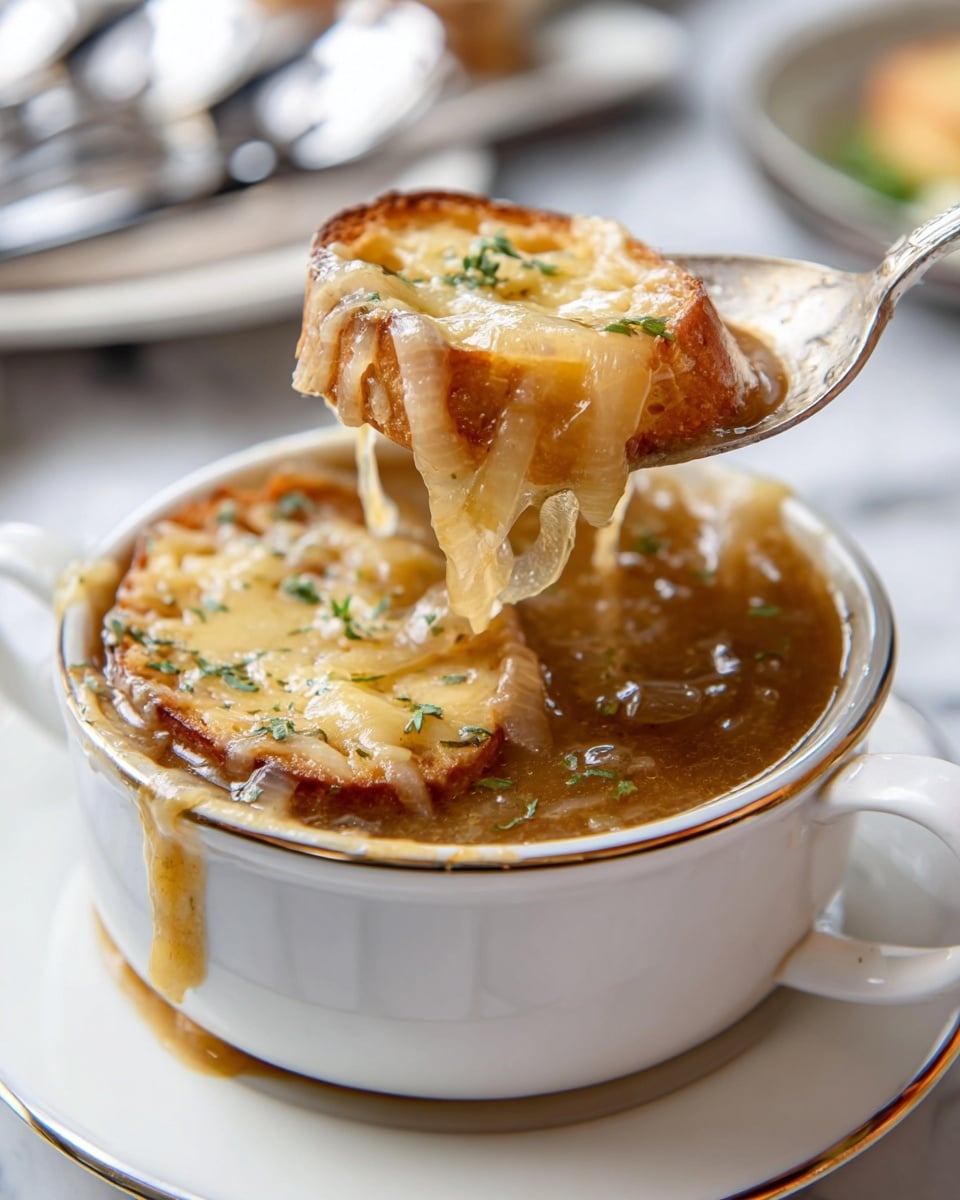 A white soup cup filled with rich brown onion soup topped with two toasted golden brown bread slices covered with melted cheese. Onions in light golden color float in the thick soup, with bits of green herbs visible. A silver spoon lifts a portion of the translucent cooked onions and soup, dripping slightly over the edge of the cup. The cup sits on a white plate with a thin gold rim, all placed on a white marbled surface. The background is softly blurred with hints of utensils and additional dishes. Photo taken with an iphone --ar 4:5 --v 7
