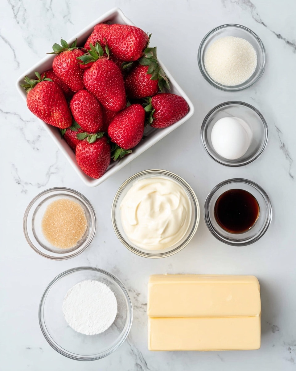 A white square bowl filled with large, bright red strawberries with green tops sits on the left side on a white marbled surface. To the right, there are six small glass bowls and one egg arranged neatly in rows: at the top, a small bowl with white granules and below it, a small bowl holding dark brown liquid. In the middle, a larger glass bowl contains smooth white cream. Below that, a small bowl with fine white powder and next to it at the bottom left, a small bowl filled with light brown sugar crystals. On the right side, a rectangular block of pale yellow dough rests flat on the marbled surface, completing the setup. Photo taken with an iphone --ar 4:5 --v 7