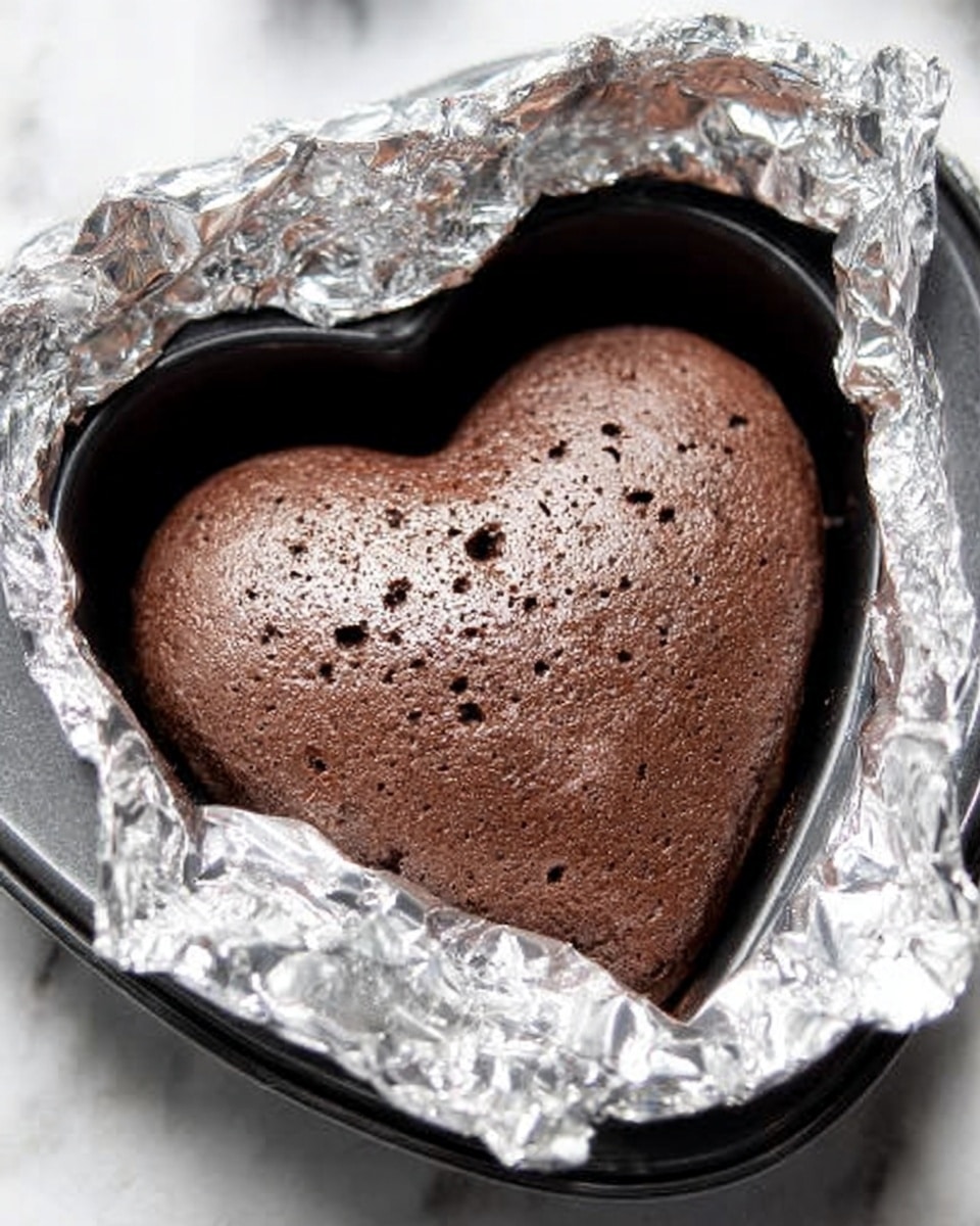 A single heart-shaped chocolate cake in a black metal baking mold, surrounded by crinkled silver foil that wraps the outside edges of the mold, showing a lightly bumpy and soft texture on the top surface of the cake with small air holes, placed on a white marbled surface photo taken with an iphone --ar 4:5 --v 7