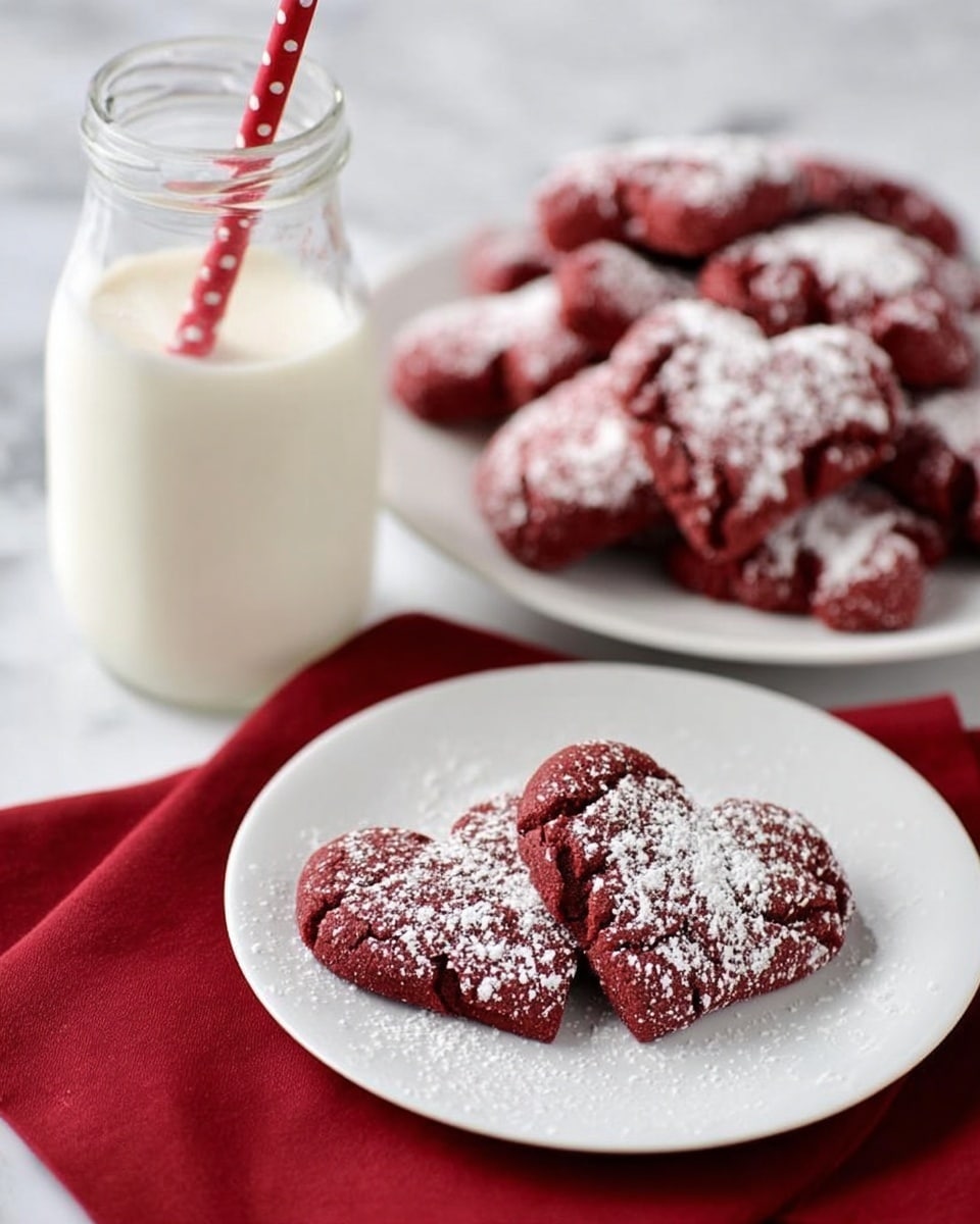 The image shows three heart-shaped red cookies placed close together on a white plate, all dusted with light white powdered sugar on top. The cookies have a cracked texture that reveals darker red lines breaking through the soft surface, giving a rough and slightly crunchy appearance. The powdered sugar is unevenly spread across each cookie, adding a contrast of white to the deep red color. The plate sits on a white marbled surface that adds subtle texture to the background. photo taken with an iphone --ar 4:5 --v 7