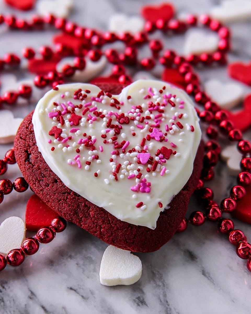 Several heart-shaped cookies are spread on a white marbled surface. Each cookie has a deep red base layer and a smooth white icing layer on top, sprinkled with small red, pink, and white heart-shaped sprinkles. The cookies vary slightly in size and are arranged both lying flat and leaning against each other. Around the cookies, there are small red and white heart-shaped candies scattered. In the background, a small white bowl filled with red and white heart-shaped candies is surrounded by a red bead necklace and a red cloth. The overall scene is bright and festive, emphasizing Valentine’s Day colors. photo taken with an iphone --ar 4:5 --v 7
