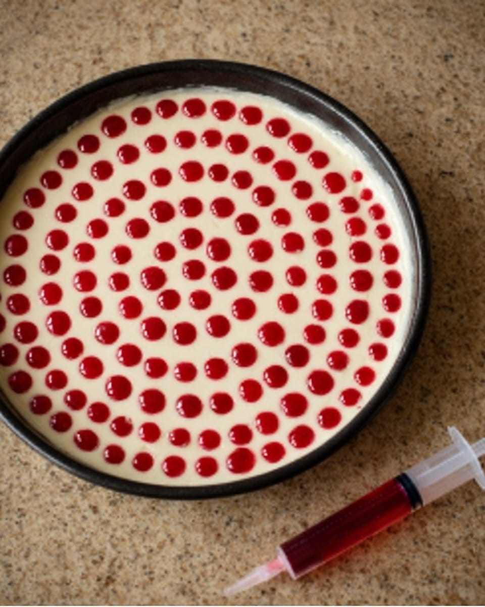 A round black pan filled with smooth white batter evenly spread inside. On top, many bright red circular dots are placed in a spiral pattern from the center to the edge, creating a neat and eye-catching design. Next to the pan on the right side is a clear plastic syringe filled with red liquid, resting on a light brown granite surface. photo taken with an iphone --ar 4:5 --v 7