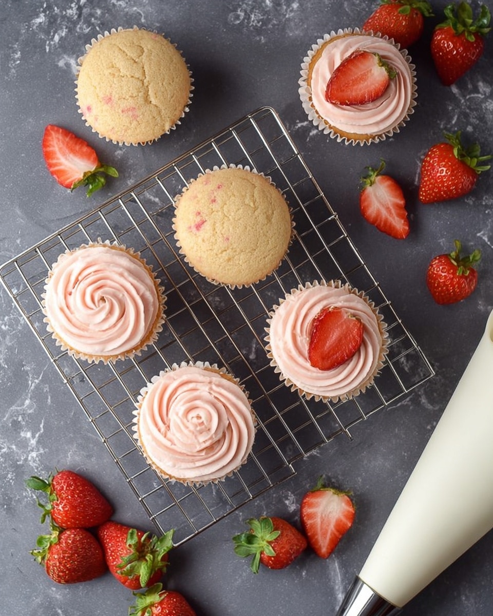 The image shows a dark gray background with a white marbled texture surface, featuring a wire cooling rack holding six plain cupcakes with light tan color and small red specks, arranged in a circle and spaced apart. Three of these cupcakes are topped with a light pink, swirled frosting, with one cupcake to the side also decorated with a fresh red strawberry slice placed on top of the pink frosting. Around the cooling rack are several whole and halved fresh strawberries, bright red with green leaves. A large white piping bag is positioned on the right side of the image. The overall look is clean and fresh, with a focus on the soft texture of the cupcakes and swirl pattern of the frosting. Photo taken with an iphone --ar 4:5 --v 7