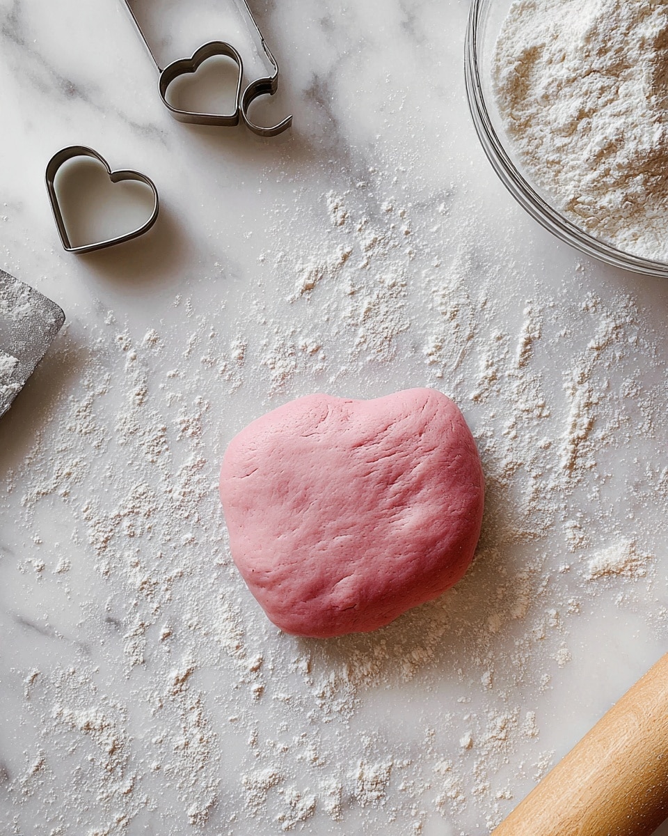 A round, smooth ball of pink dough sits in the center on a white marbled surface sprinkled with white flour. To the top right, a clear glass bowl is filled with white flour. On the top left are metal cookie cutters, including a heart shape, and a metal dough scraper resting near them. The bottom right shows a wooden rolling pin partially visible. The scene is bright and clean, with flour dust scattered around the dough. photo taken with an iphone --ar 4:5 --v 7