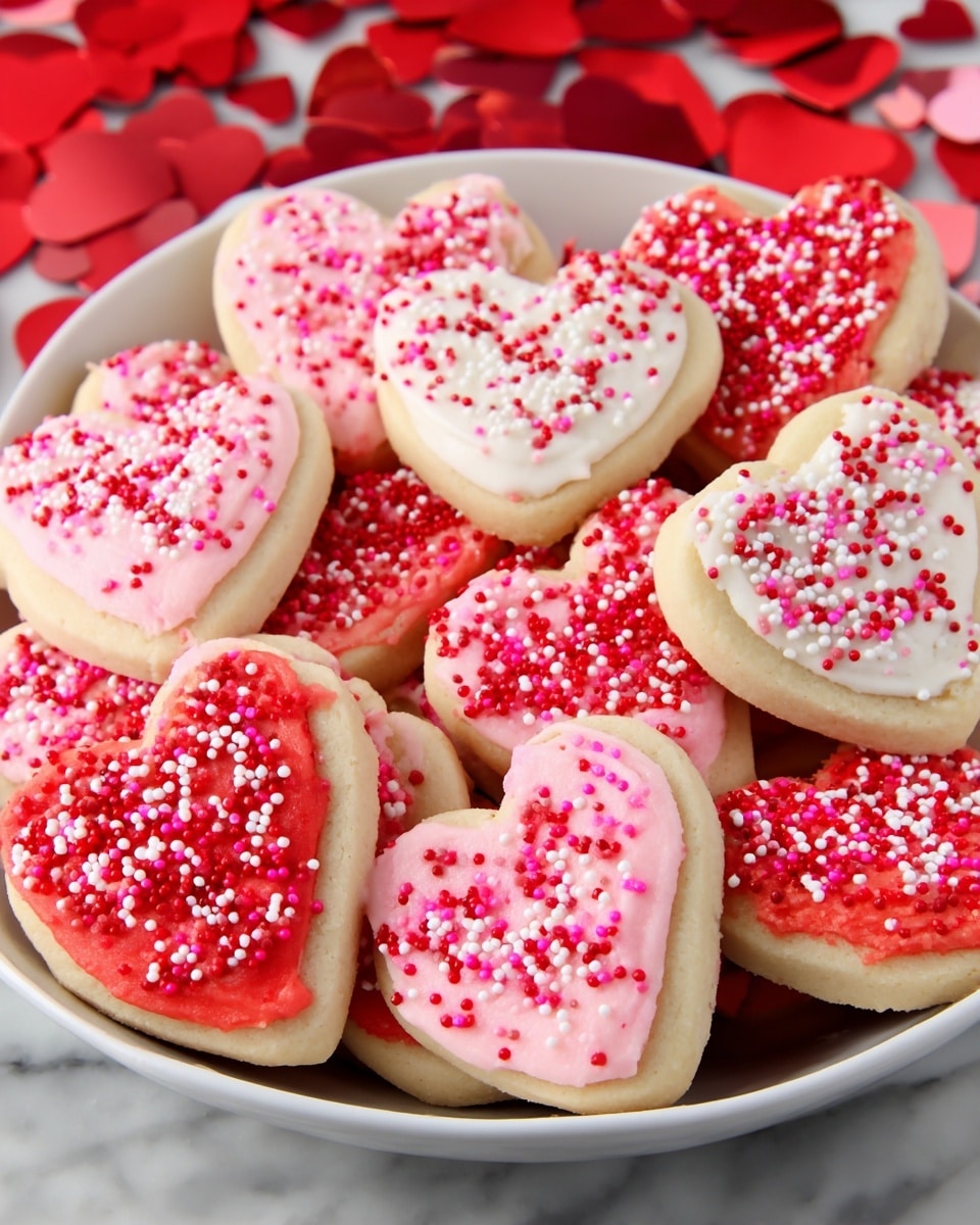 A close-up stack of heart-shaped sugar cookies with three different frosting colors: smooth white, soft pink, and bright red, each thickly spread over the cookie surface. Each cookie is topped with small round sprinkles in red, white, and pink, scattered unevenly across the frosting. The cookie base is light golden brown, visible around the edges. The cookies are piled close together without any plate showing, against a white marbled textured background. photo taken with an iphone --ar 4:5 --v 7