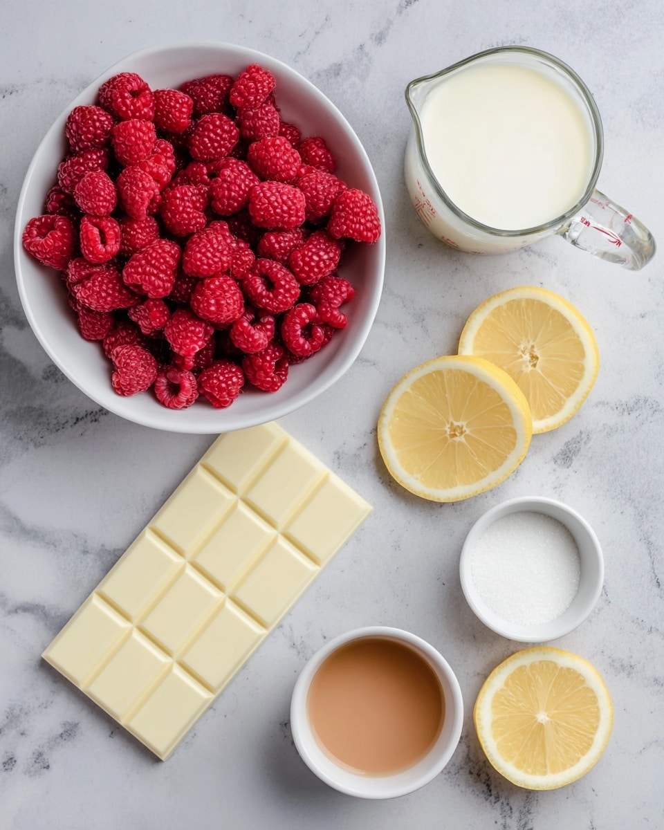 A white bowl filled with many fresh, bright red raspberries sits in the left top corner. To the right, there is a clear glass measuring cup full of white cream. Below the raspberries, a large white chocolate bar with grid lines lies flat. Next to it on the right, there are two lemon slices with bright yellow skin and pale yellow inside. Below the lemons, there are two small white bowls; one holds light brown liquid, and the other is filled with white sugar. All items rest on a white marbled surface. photo taken with an iphone --ar 4:5 --v 7