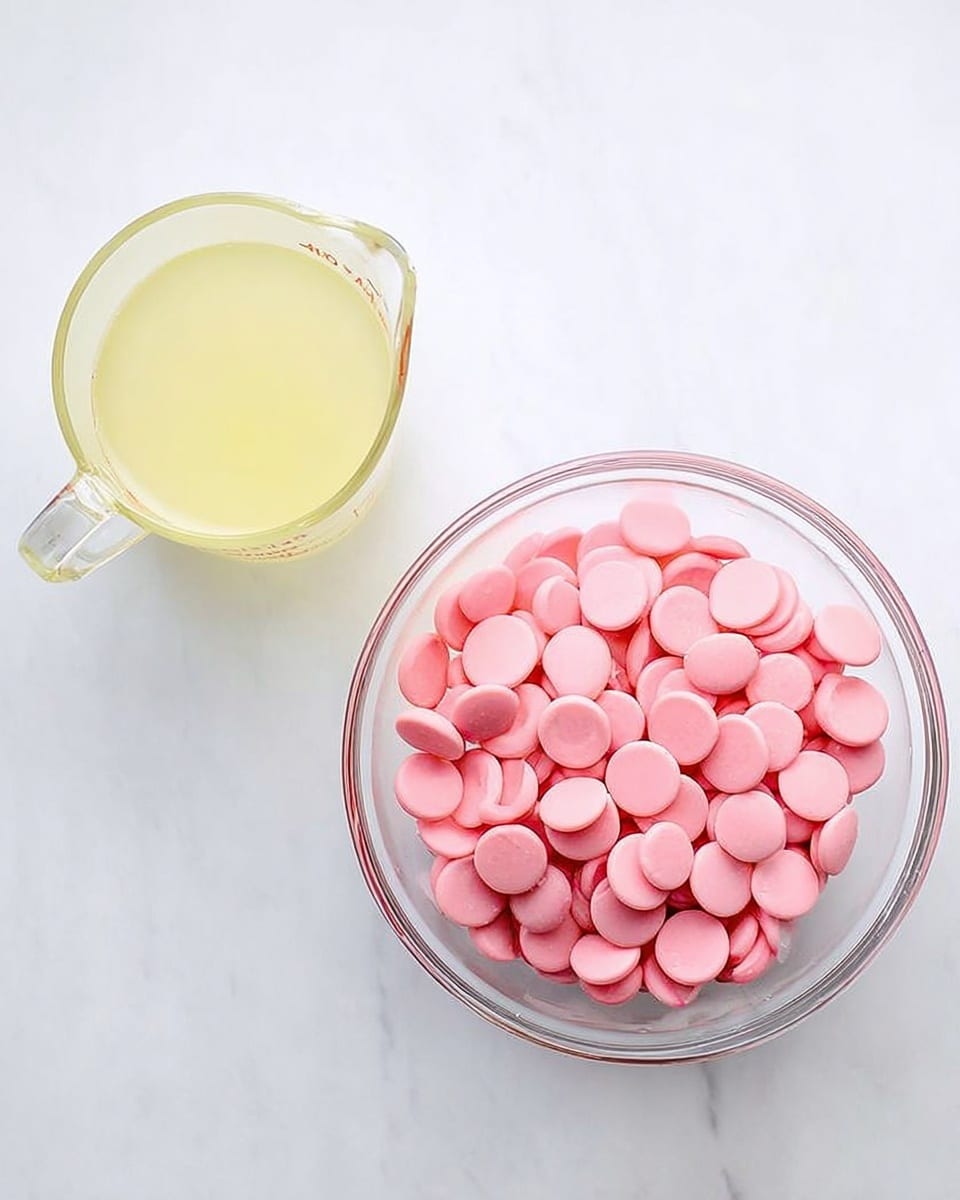 The image shows two clear glass containers placed on a white marbled surface. On the left, there is a small glass measuring jug filled with a pale yellow liquid. On the right, there is a larger clear glass bowl filled with many round, flat, pink candy melts. The colors are soft and pastel, and the lighting is bright and even, giving a clean and fresh look. photo taken with an iphone --ar 4:5 --v 7