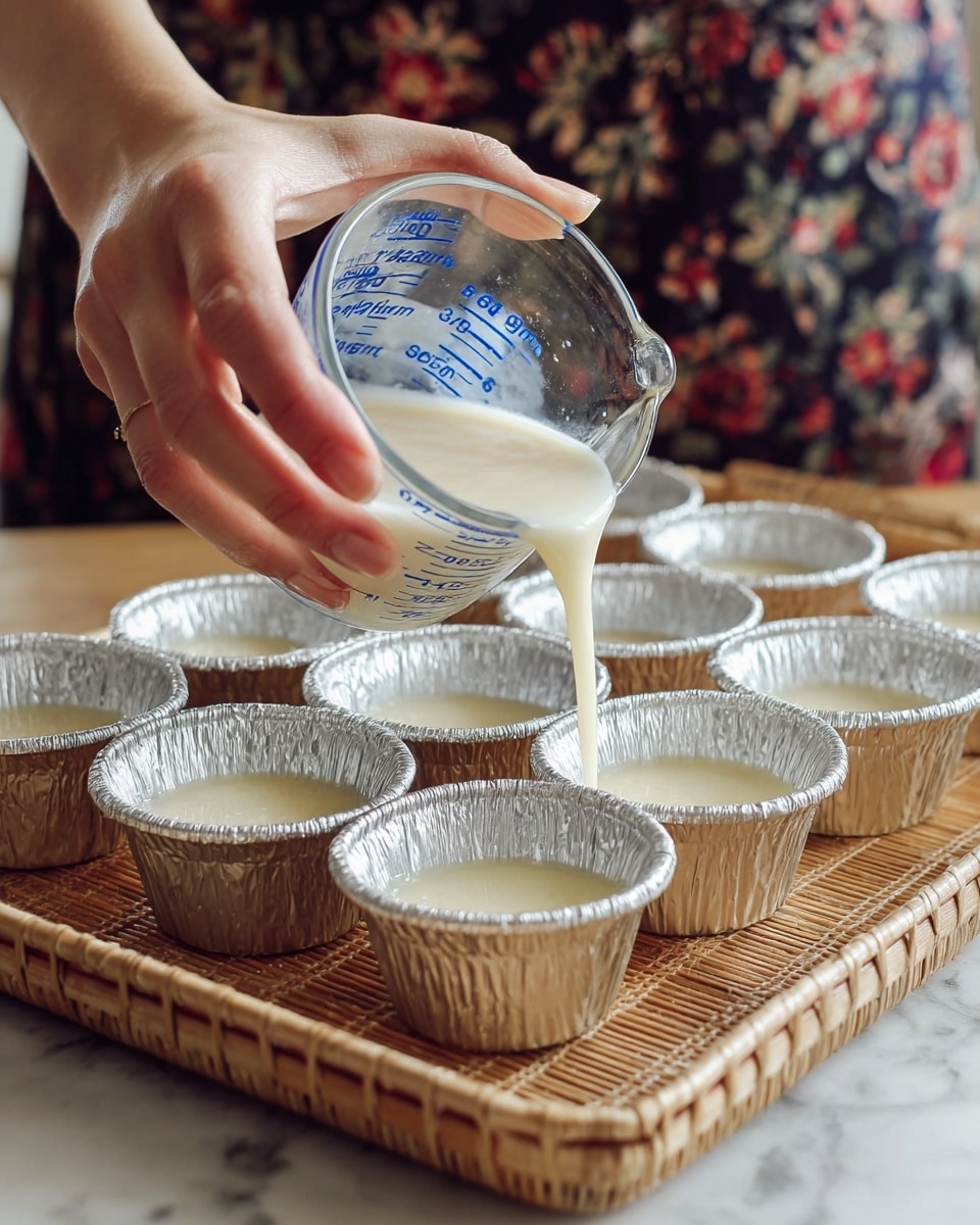 A woman's hand holding a clear glass measuring cup with blue markings pouring a smooth, pale creamy liquid into one of eight small round silver foil cups arranged in two rows on a brown woven tray, the liquid filling the cups up to the edge, with a blurred floral outfit in the background and a white marbled surface underneath photo taken with an iphone --ar 4:5 --v 7