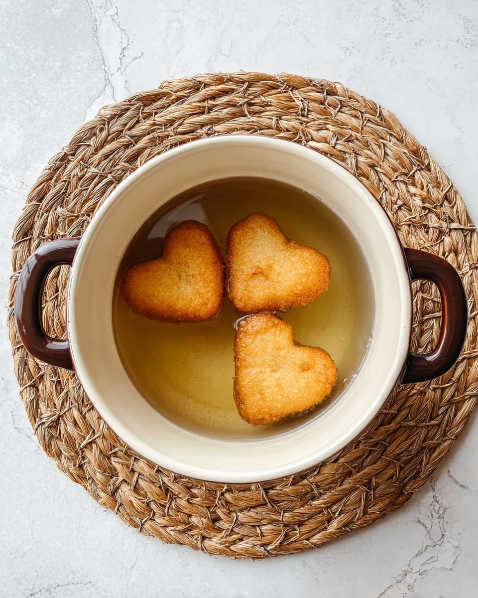 The image shows a white pot with dark brown handles on both sides, placed on a round woven mat. Inside the pot, three heart-shaped pieces of golden brown fried dough float in clear light oil. The fried dough has a crisp, smooth texture with slight browning on the edges. The pot rests on a white marbled surface. photo taken with an iphone --ar 4:5 --v 7