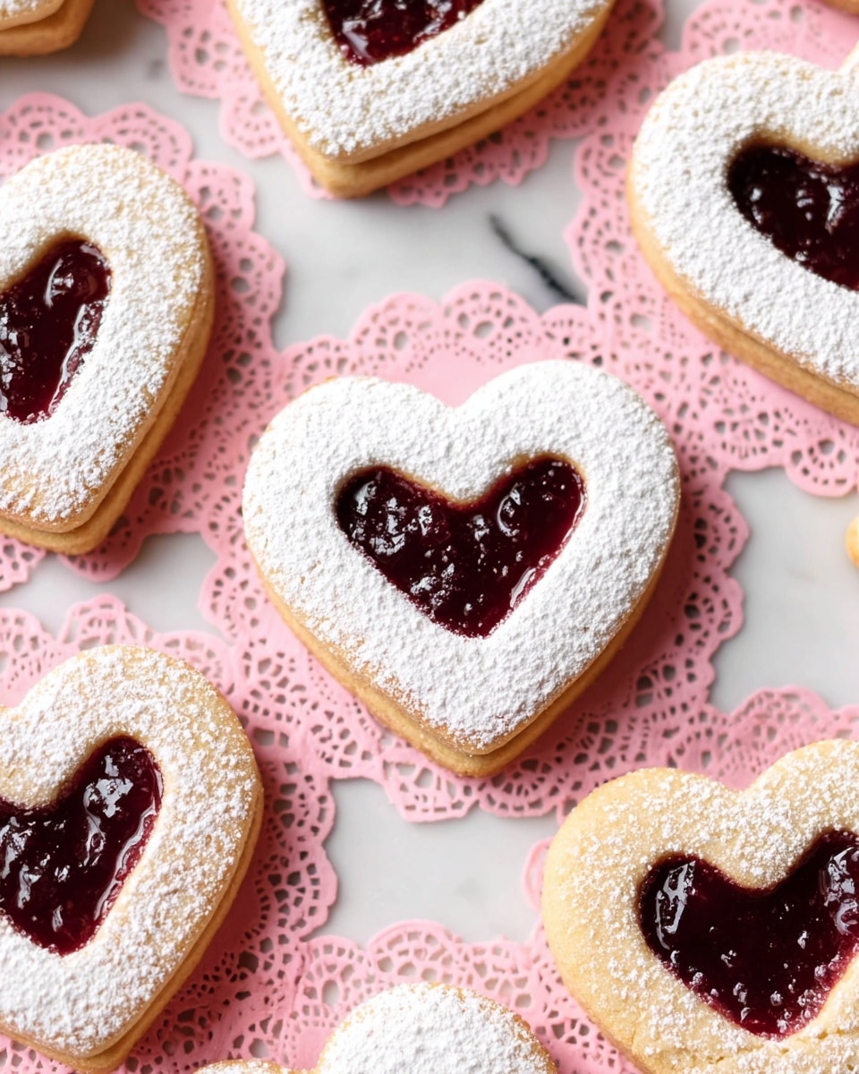 The image shows 15 heart-shaped cookies arranged on a black wire cooling rack placed on a white marbled surface. Each cookie has three layers: a golden brown bottom layer, a middle layer covered fully with white powdered sugar, and a top layer with a heart-shaped cutout filled with dark purple jam. Around the rack, there are two small glass bottles filled with milk, pink paper doilies, pink straws with red polka dots, and a light pink cloth with small red, pink, and yellow hearts. photo taken with an iphone --ar 4:5 --v 7