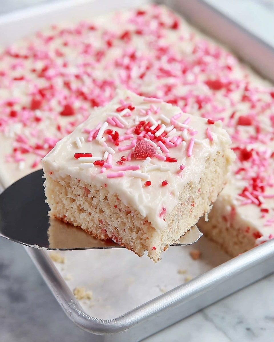 A single square slice of light brown cake sits on a white round plate, topped with a smooth layer of white cream frosting that covers the whole top. Red, pink, and white small sprinkles in round and heart shapes scatter across the frosting. A small piece of cake with frosting is on a silver fork placed beside the slice. In the background, a metal rectangular baking pan filled with the same cake and white frosting is visible, with one piece missing. On the white marbled surface, a white bowl filled with fresh red raspberries is seen on the left side, and a red strawberry with green leaves is on the right side. Photo taken with an iphone --ar 4:5 --v 7