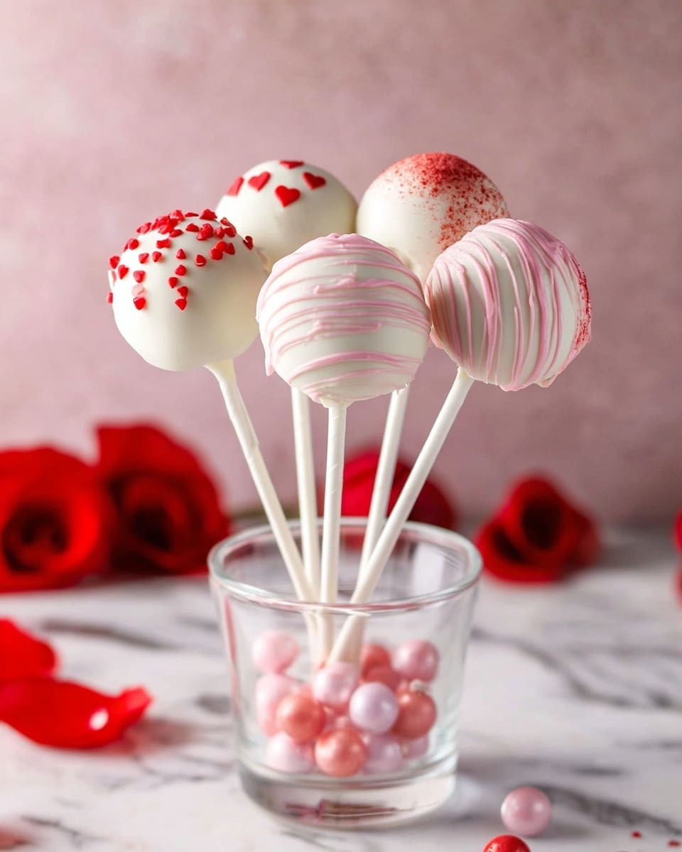 A clear glass holds eight cake pops on white sticks, each decorated with smooth coatings in white and soft pink colors. Some cake pops have red heart-shaped sprinkles, others are dusted with fine red powder, and one has delicate pink swirls over a white base. Around the glass, there are scattered small red sprinkles and pink candy balls inside the glass. In the background, bright red roses add vibrant color against a soft pale background, all placed on a warm wooden surface. photo taken with an iphone --ar 4:5 --v 7