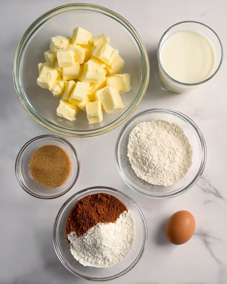 A clear glass mixing bowl in the center holds a layer of small yellow butter cubes. Around it are four smaller clear glass bowls: one with white flour mixed with brown powder in the middle right, another with a raw egg on the right, a bowl with light brown sugar at the bottom left, and a bowl of vanilla extract above it. In the top right corner, there is a clear glass cup filled with white milk. All bowls are placed on a white marbled surface. photo taken with an iphone --ar 4:5 --v 7