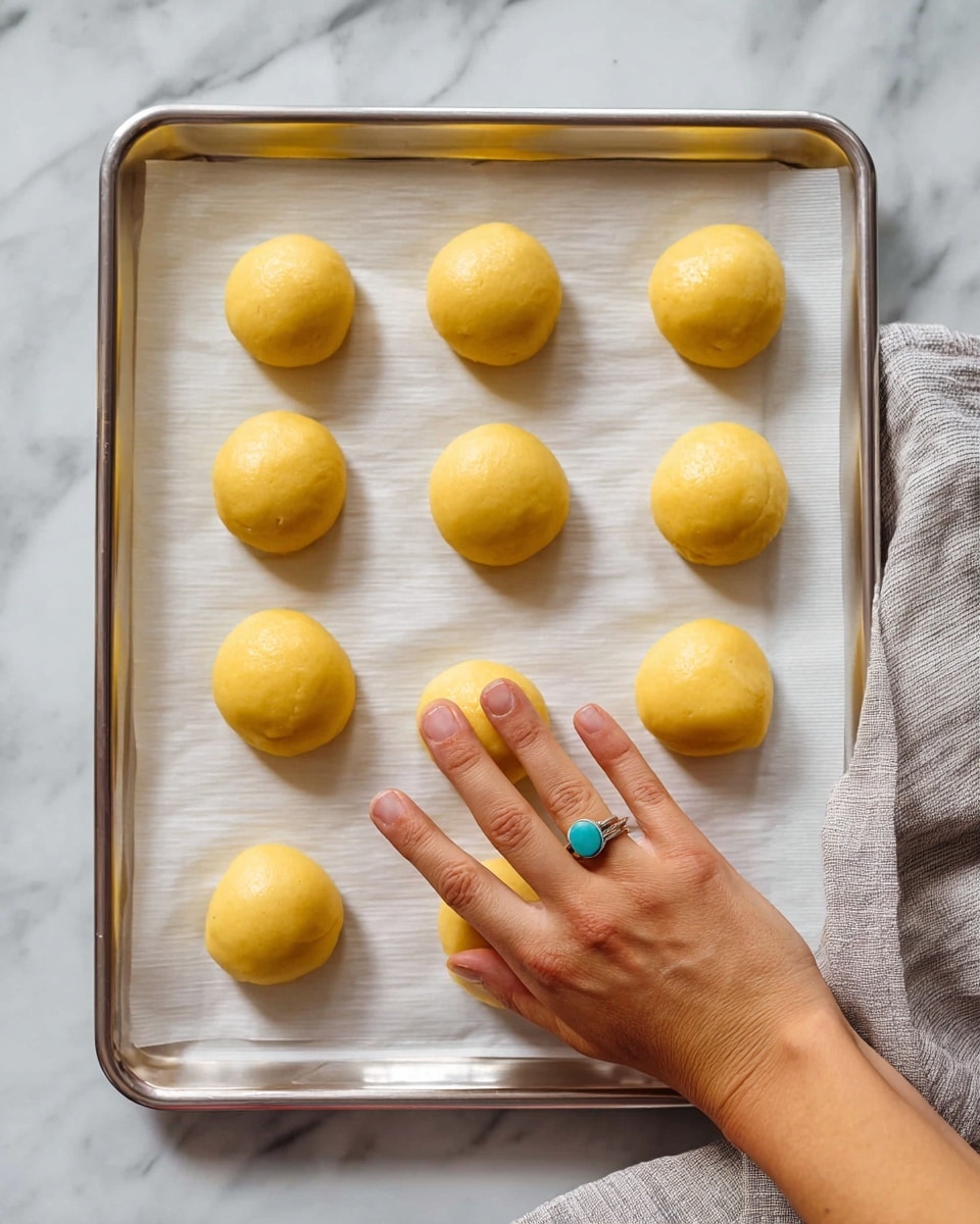 The image shows nine small, round dollops of smooth, yellow dough evenly spaced on white parchment paper on a silver baking tray. A woman's hand with a turquoise ring is gently touching one dollop in the lower center area. The tray is placed on a white marbled surface with a wrinkled light gray cloth on the right side. Each dough portion is glossy and has a slightly peaked top, giving a soft, creamy texture look. photo taken with an iphone --ar 4:5 --v 7