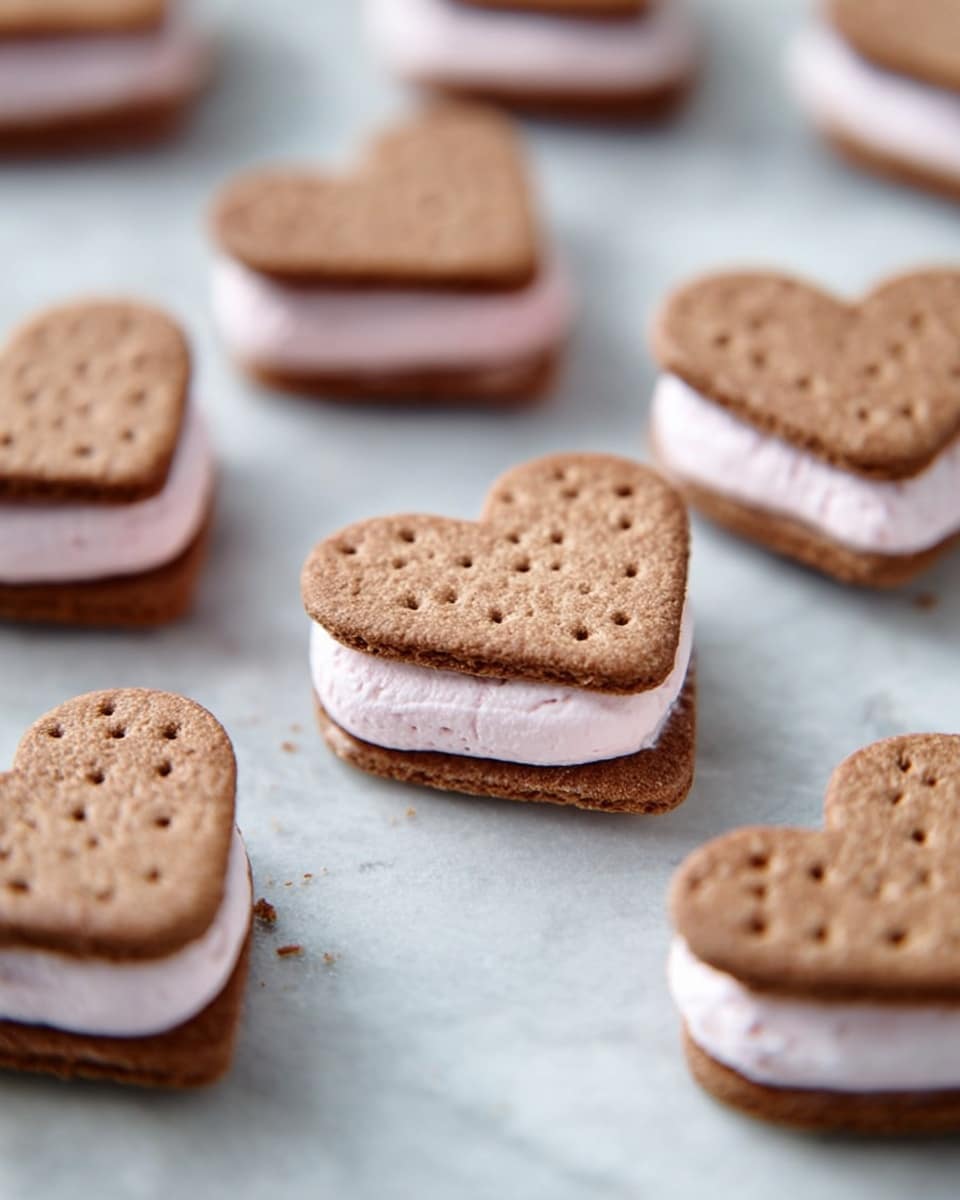 The image shows small heart-shaped sandwiches made of two layers of brown cookies with tiny holes on top, holding a thick middle layer of light pink cream that looks soft and smooth. The treats are arranged on a white marbled textured surface, slightly blurry in the background but clear in the front. The cookies have a rough texture and the cream layer is even and slightly rises above the cookie edges. Photo taken with an iphone --ar 4:5 --v 7