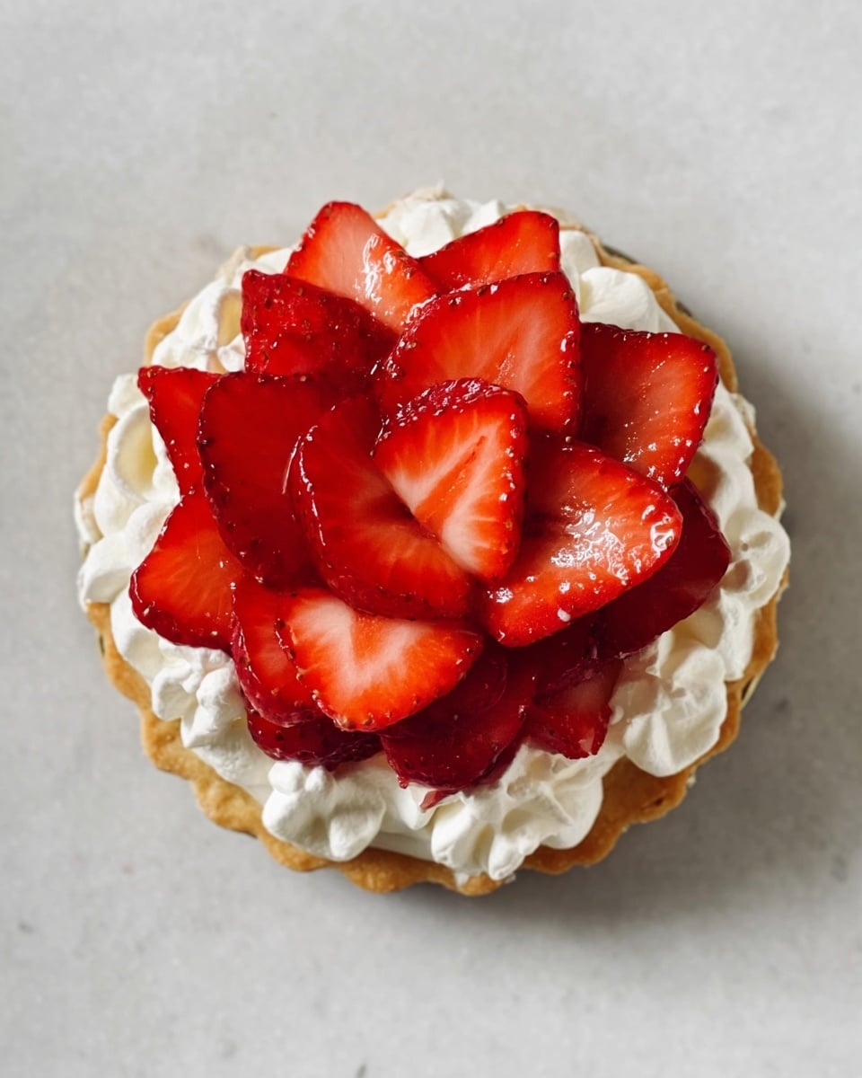 A small round dessert with two visible layers is shown from above on a white marbled surface. The bottom layer is a light golden base with a scalloped edge. The next layer is whipped cream arranged in a soft, fluffy ring around the edge, white and airy in texture. On top, there is a flower-like arrangement of thin red strawberry slices forming two layers, with the inner slices slightly smaller and overlapping to create a dense, visually appealing pattern. Photo taken with an iphone --ar 4:5 --v 7