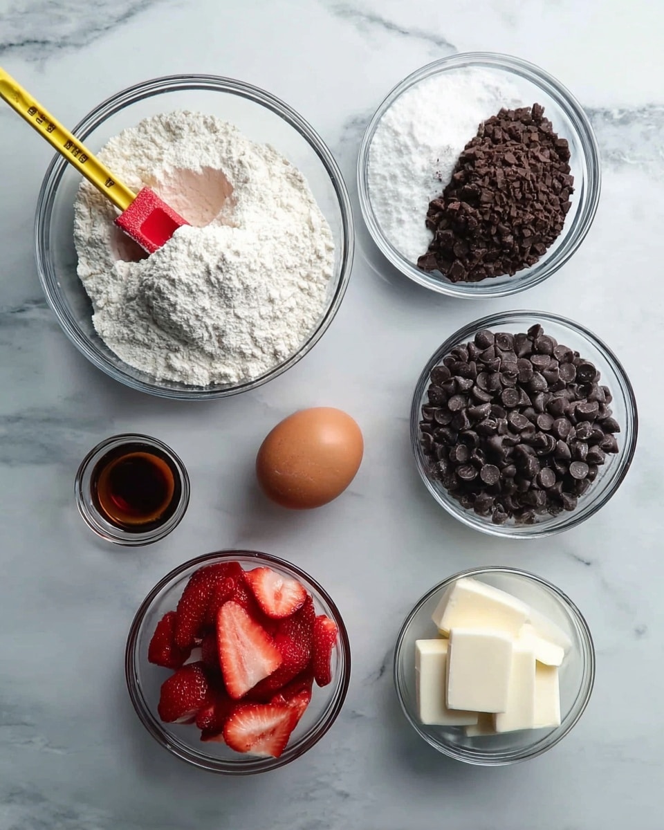 The image shows clear glass bowls and items placed on a white marbled surface, all arranged neatly. One large bowl contains white flour with a yellow measuring spoon and a red measuring spoon on top. Another large bowl is filled with dark brown and white sugar mixed together. A medium bowl holds many dark chocolate chips. A smaller bowl contains bright red sliced strawberries. There is also a small glass cup filled with a dark brown liquid, likely vanilla extract, and a whole brown egg placed beside it. Another small bowl contains white butter slices positioned in the lower right corner. The overall scene shows ingredients ready for baking. photo taken with an iphone --ar 4:5 --v 7