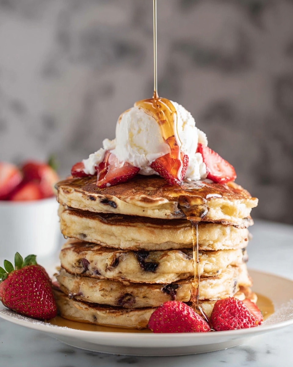 A tall stack of six thick pancakes with a golden brown crust and soft, fluffy texture, small darker spots showing blueberry pieces inside. On top, a scoop of white whipped cream is placed, surrounded by several bright red strawberry halves. Golden syrup is being poured from above, flowing down the pancakes and pooling slightly on the white plate below, with some strawberries resting around the base of the stack. The background shows blurred objects with a white marbled texture surface. Photo taken with an iphone --ar 4:5 --v 7