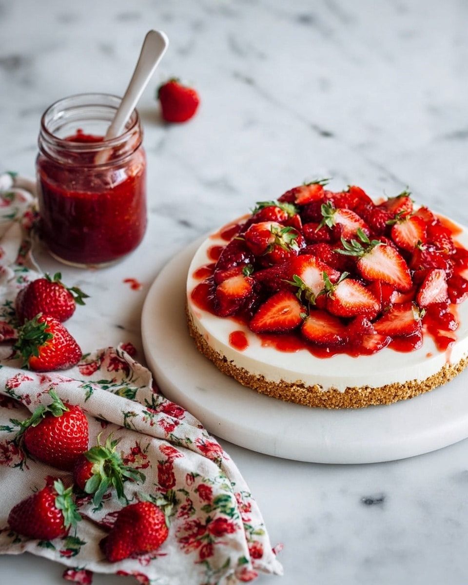 A white round tart plate holds a three-layer dessert: the bottom layer is a crumbly light brown crust, the middle layer is smooth and creamy white, and the top layer is covered with bright red, halved and whole strawberries with green leaves still attached. To the left of the plate, there is a jar filled with red strawberry sauce with a white spoon inside it, placed on a white marbled surface. Around the jar, several fresh red strawberries with green leaves are scattered near a cloth with red, green, and cream floral patterns. photo taken with an iphone --ar 4:5 --v 7