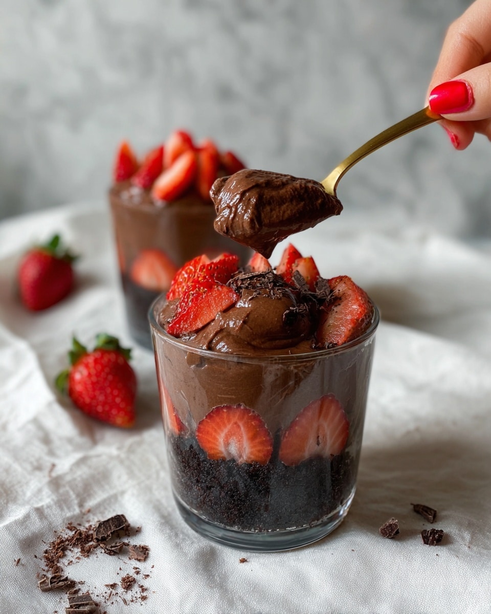 The image shows two clear glass dessert cups filled with three layers each. The bottom layer is dark and crumbly, resembling crushed chocolate cookies. Above that is a layer of bright red strawberry pieces, cut into small chunks. The top layer is a thick, smooth chocolate sauce that spreads slightly over the strawberries, giving a glossy finish. The cups are placed on a soft white cloth set on a white marbled surface, with a few whole strawberries and dark cookie crumbs scattered around. The background is plain and neutral, making the colors of the dessert stand out. photo taken with an iphone --ar 4:5 --v 7