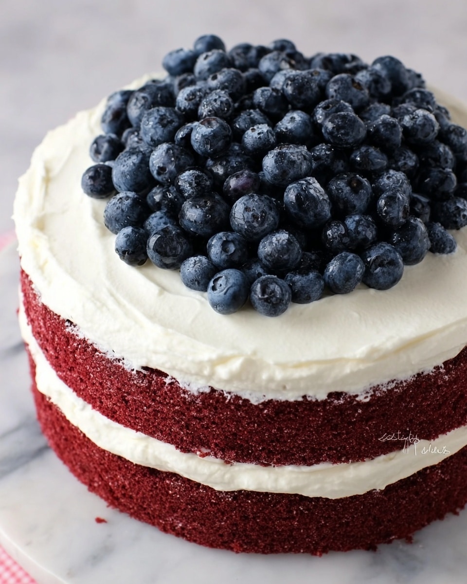 A round, two-layer cake with deep red sponge layers separated by thick white cream filling, sitting on a white marbled surface. The top layer is covered with smooth white cream frosting, spread evenly with soft peaks on the edges. A generous mound of fresh, plump dark blue blueberries fills the center of the cake’s top, creating a striking contrast against the white cream. The overall look is fresh and inviting, with rich red and creamy white colors balanced by the natural texture and color of the blueberries. photo taken with an iphone --ar 4:5 --v 7