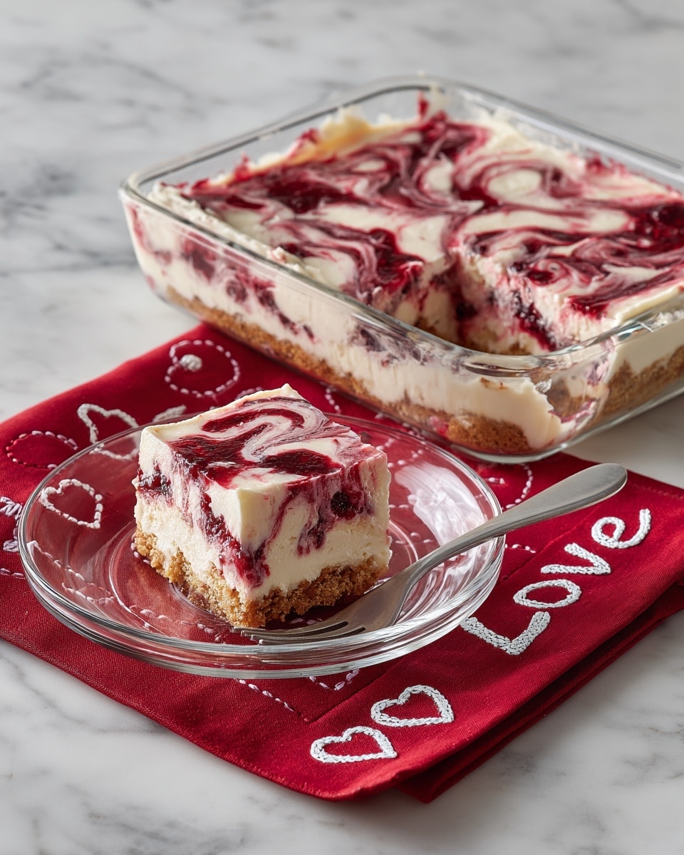 A slice of two-layer cheesecake with a swirl of dark red fruit topping on the top creamy layer, resting on a glass plate. The bottom layer is light beige, smooth and dense, while the top layer is mostly creamy white with the dark red fruit sauce swirled into it. The glass plate is placed on a red cloth with white heart and text designs, and a silver fork lies beside the cheesecake slice. Photo taken with an iphone --ar 4:5 --v 7