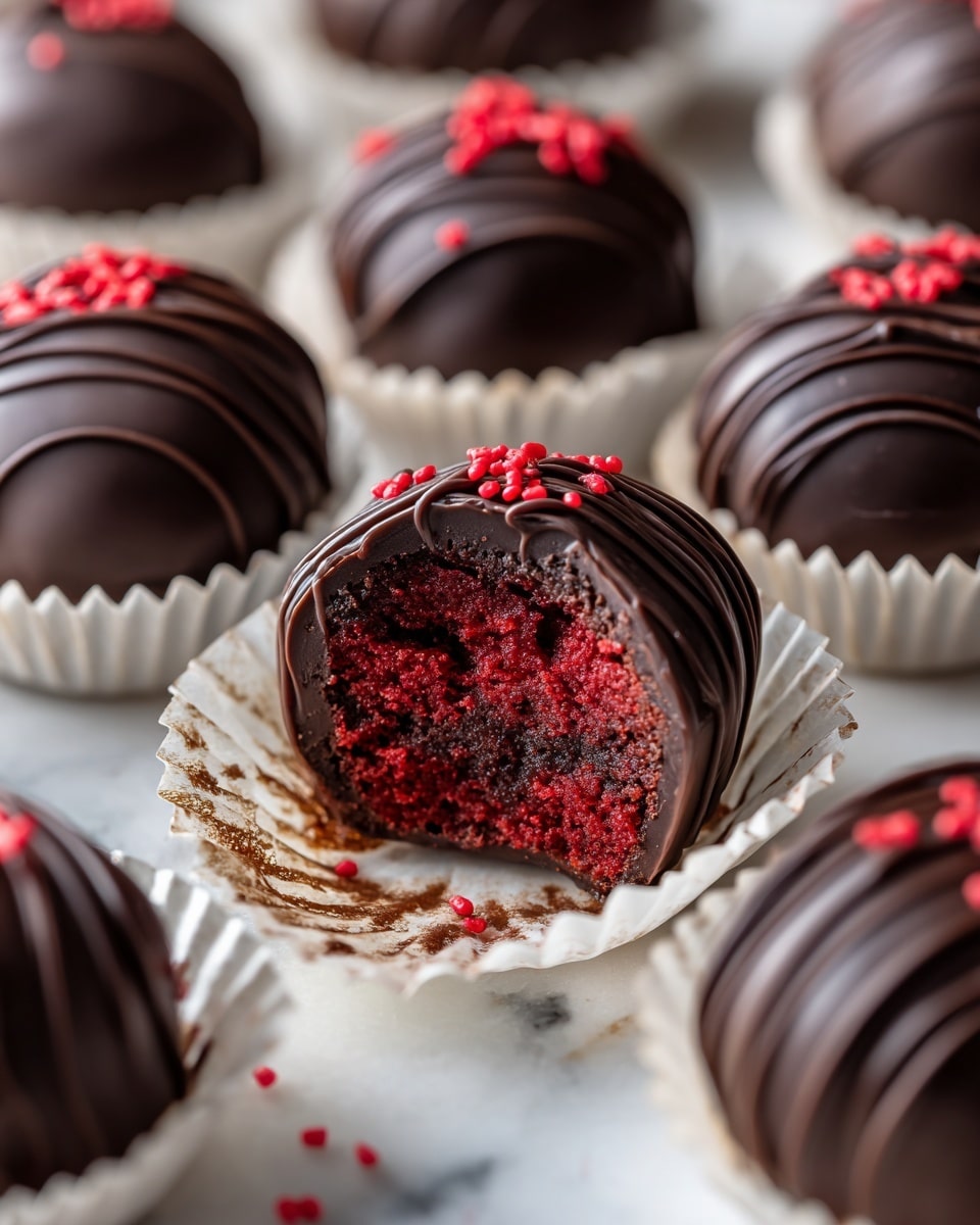 A group of round chocolate truffles piled inside a white bowl on a white plate with ridged edges, each truffle coated in smooth dark chocolate and decorated with thin dark chocolate lines and sprinkled with bright red crumbs on top; more truffles are scattered around the bowl on a white marbled surface, and a small white bowl filled with red crumbs is in the bottom left corner, enhancing the rich and festive look of the treats. photo taken with an iphone --ar 4:5 --v 7