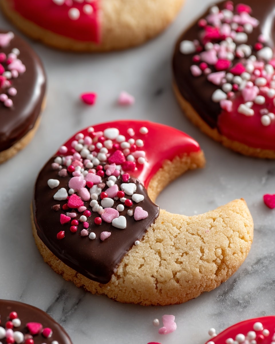 A close-up of a fortune cookie showing its folded golden tan color with a light rough texture. The top part of the cookie is partially covered with a smooth dark brown chocolate layer. On top of the chocolate, there are small sugar sprinkles in three colors: bright pink, white, and red, scattered unevenly. The cookie sits on a white marbled surface with parts of other cookies visible blurred in the background, one with pink icing and red sprinkles. photo taken with an iphone --ar 4:5 --v 7