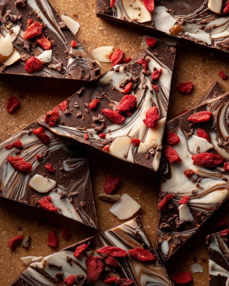 Chocolate Almond Bark with Almonds, Raspberries, and Coconut Recipe