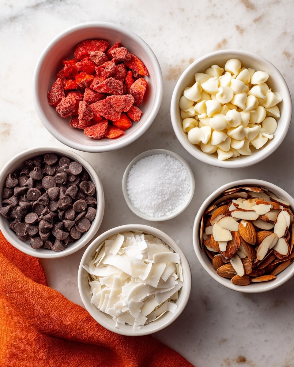 Six white bowls are arranged on a white marbled surface. The top left bowl holds bright red dried strawberries with a rough texture. To the right, a bowl is filled with small, smooth, white chocolate chips. Below the strawberries, a small bowl contains coarse white salt. Under the salt, a bowl is full of dark brown chocolate chips that appear smooth and shiny. To the right of the chocolate chips, there is a bowl with light brown and beige sliced almonds showing a mix of smooth and rough textures. At the bottom left, a bowl holds white coconut flakes with a rough, uneven texture. An orange cloth is partially visible in the bottom right corner. Photo taken with an iphone --ar 4:5 --v 7