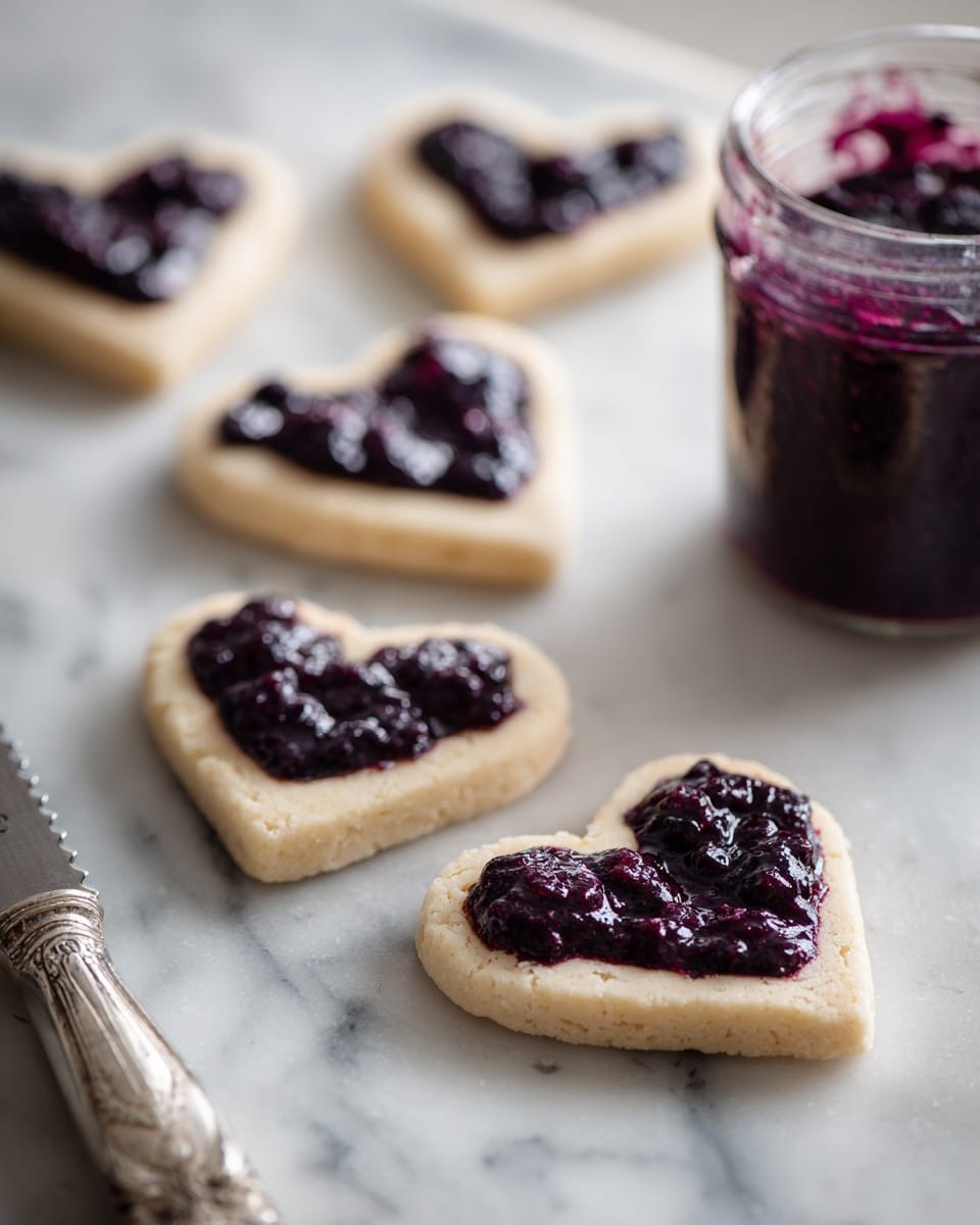 The image shows several heart-shaped dough pieces on a white marbled surface, each topped with a dark purple blueberry filling that looks thick and textured with whole berries. The dough is pale and smooth, with four pieces visible, each spaced out on the surface. In the foreground, a serrated knife lies partially in the frame on the bottom left corner. The background is softly blurred, featuring a glass jar filled with more dark purple filling. No woman's hand is visible. photo taken with an iphone --ar 4:5 --v 7