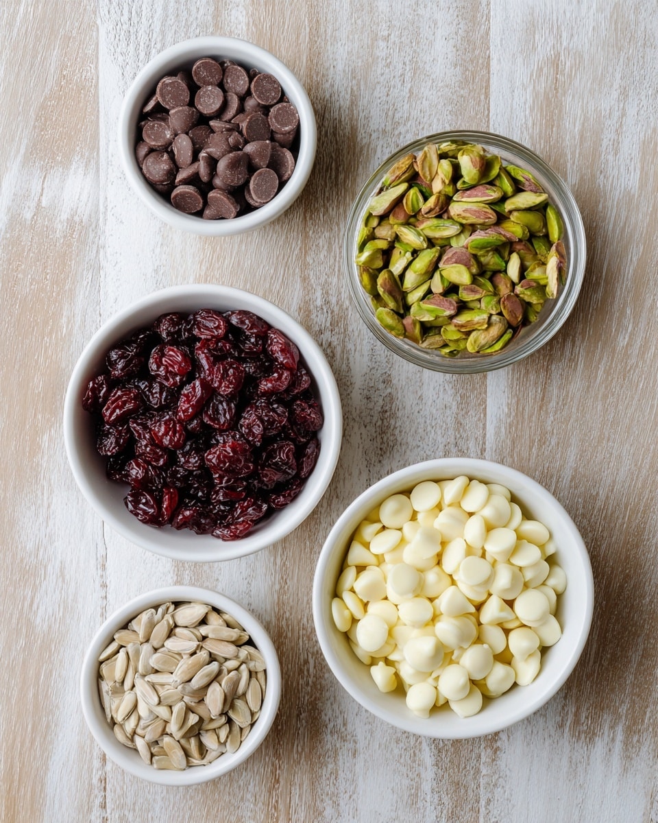 The image shows five white bowls placed on a light brown wooden surface with a white marbled texture. At the top left, a small white bowl holds dark brown chocolate chips. Next to it on the top right, a clear bowl contains green pistachios with light brown skins. At the bottom left, a larger white bowl is filled with dark red dried cranberries. In the center, a smaller white bowl has light brown sunflower seeds. Finally, at the bottom right, a white bowl is full of pale yellow white chocolate chips. photo taken with an iphone --ar 4:5 --v 7