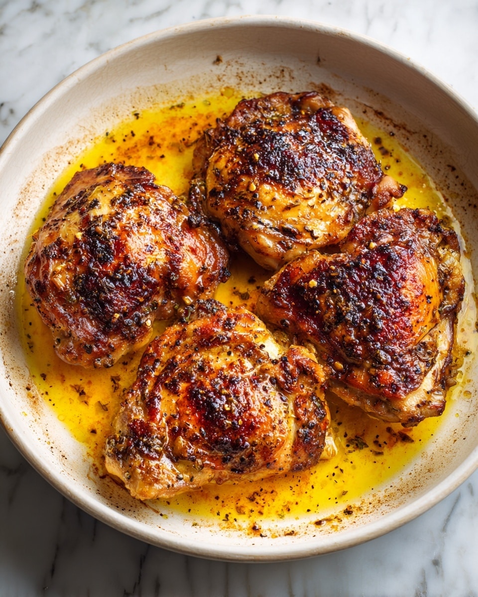 A white pan holds three pieces of cooked chicken, each with a browned, slightly crispy surface showing mixed dark and lighter brown spices and herbs. The chicken pieces have different shapes and are spread out with oil collecting around them, giving a shiny yellow-orange look. The pan's edges are slightly stained with seasoning and oil, adding texture to the scene. The background is a white marbled surface. photo taken with an iphone --ar 4:5 --v 7