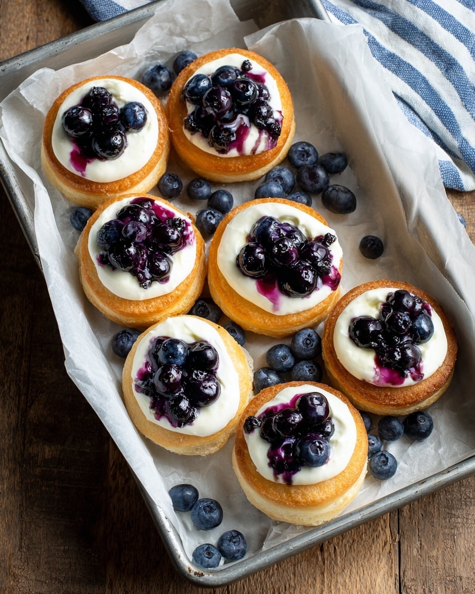 The image shows a metal tray lined with white parchment paper holding eight round pastries. Each pastry has two layers: a golden-brown dough base that is shiny and smooth, and a creamy white circular topping in the center. On top of the creamy layer, there are clusters of dark purple blueberries, some whole and some slightly smashed, with a few small purple juice drips running down into the cream. More blueberries are scattered loosely on the parchment paper around the pastries. The tray is placed on a wooden surface, and part of a cloth with blue stripes is visible in the upper right corner. photo taken with an iphone --ar 4:5 --v 7