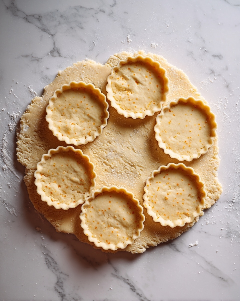 A flat dough rolled out on a white marbled surface shows six round shapes cut out with scalloped edges. The dough is pale yellow with tiny orange specks, and the cut-out shapes sit on top of the rolled dough. The edges of the dough are rough where the shapes have been taken out. Photo taken with an iphone --ar 4:5 --v 7