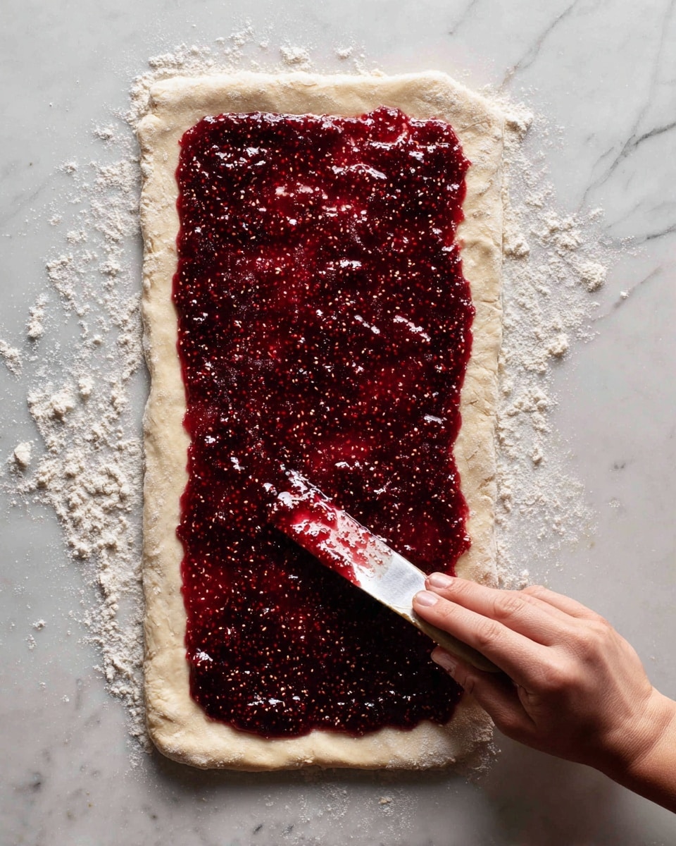A rectangular piece of pale dough is laid flat on a white marbled surface, with rough edges dusted lightly in flour. A thick, dark red jam layer with small visible seeds is being spread evenly across the middle section of the dough with a spatula held by a woman's hand coming in from the top right. The jam looks shiny and textured, contrasting with the smooth, soft dough beneath. photo taken with an iphone --ar 4:5 --v 7