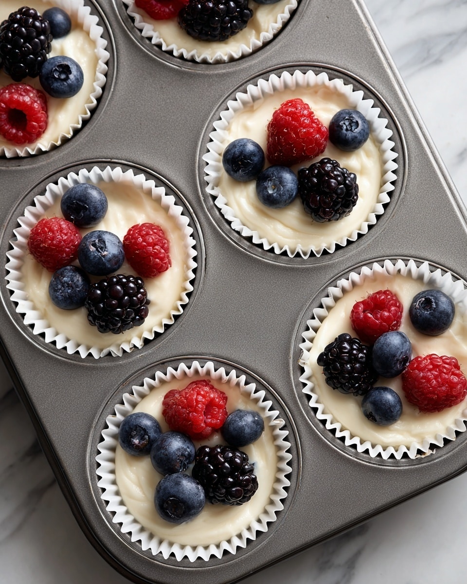 The image shows a muffin tray with four white paper liners filled with a creamy white mixture, layered evenly inside each liner. On top of this creamy layer, there are small clusters of fresh berries including blackberries, raspberries, and blueberries, arranged in groups of two to three in each liner, adding dark purple, red, and blue colors. The tray is placed on a white marbled surface, creating a clean and bright background. Photo taken with an iphone --ar 4:5 --v 7