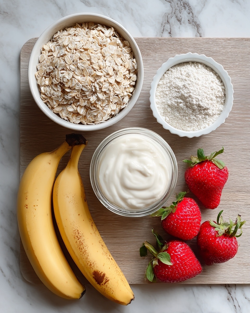 The image shows raw ingredients arranged on a wooden surface: a white bowl filled with rolled oats that have a light beige color and rough texture, positioned at the top left; a white ramekin with white powder, likely flour or protein powder, placed below the oats; two ripe yellow bananas with brown spots resting diagonally at the bottom left; a small glass jar filled with a creamy white liquid, probably milk, positioned at the center right; a white ramekin with thick white yogurt above the jar; and four bright red strawberries with green leaves clustered near the bottom right. The background is a white marbled texture photo taken with an iphone --ar 4:5 --v 7