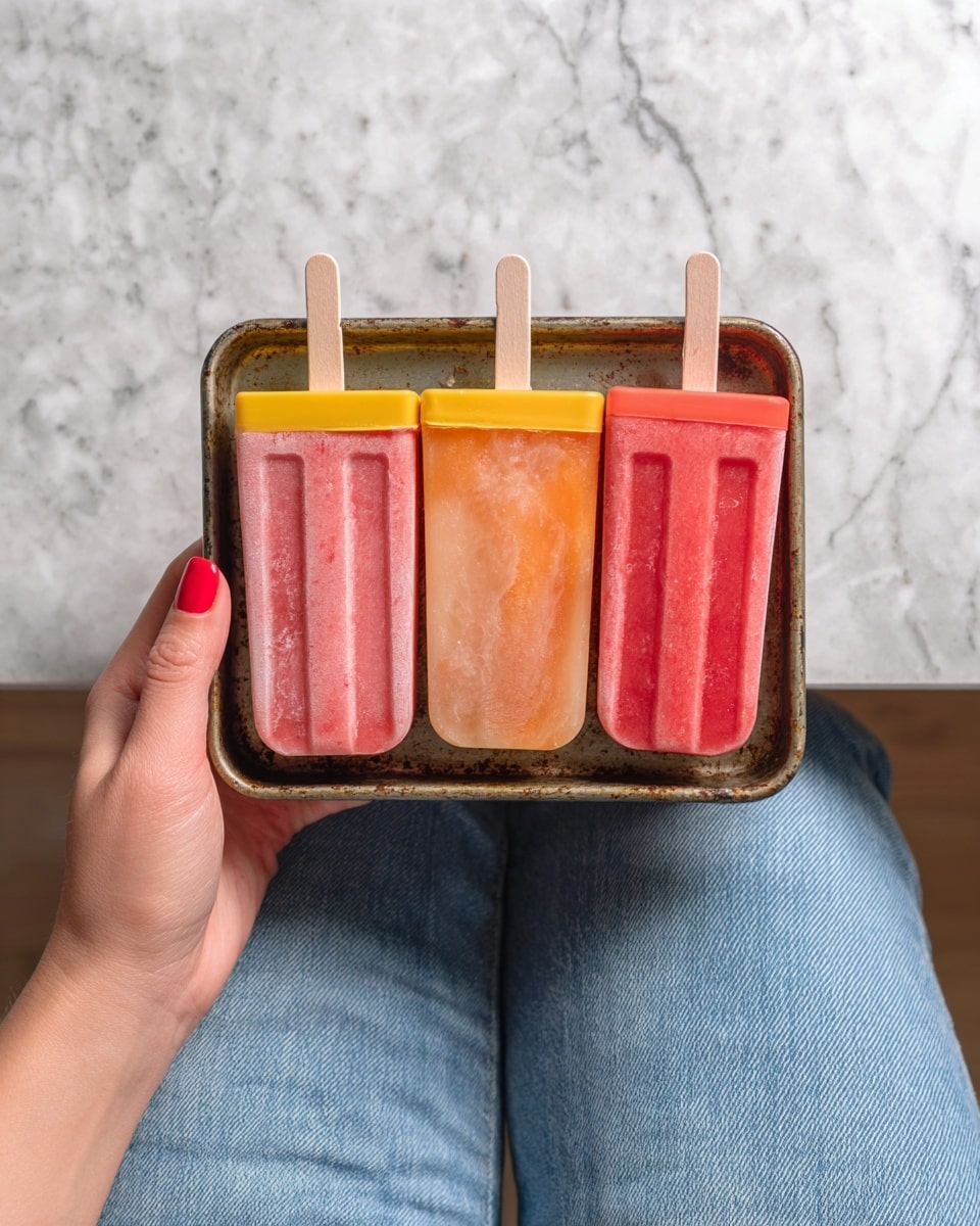 A woman’s hand with red nail polish is holding a small rectangular rusty metal tray containing three homemade pink popsicles frozen in colorful plastic molds with translucent lids; the top mold has a yellow rim, the middle one an orange rim, and the bottom one a red rim. Each popsicle is smooth with a slightly uneven surface and a wooden stick emerging from the left side. The background shows a white marbled countertop and the lower part of the person's blue jeans. photo taken with an iphone --ar 4:5 --v 7