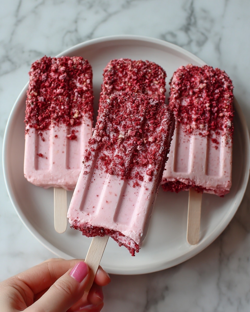 The image shows four pink bars of frozen dessert on a white plate placed on a white marbled surface. Each bar is covered with a crumbly brown and red coating, giving them a textured and grainy look. The bars are arranged close to each other, with one in the front having a bite taken out, revealing a soft, fluffy pink inside. All bars have small white sticks attached at the back. The scene is simple and clean, with soft natural light highlighting the details. photo taken with an iphone --ar 4:5 --v 7