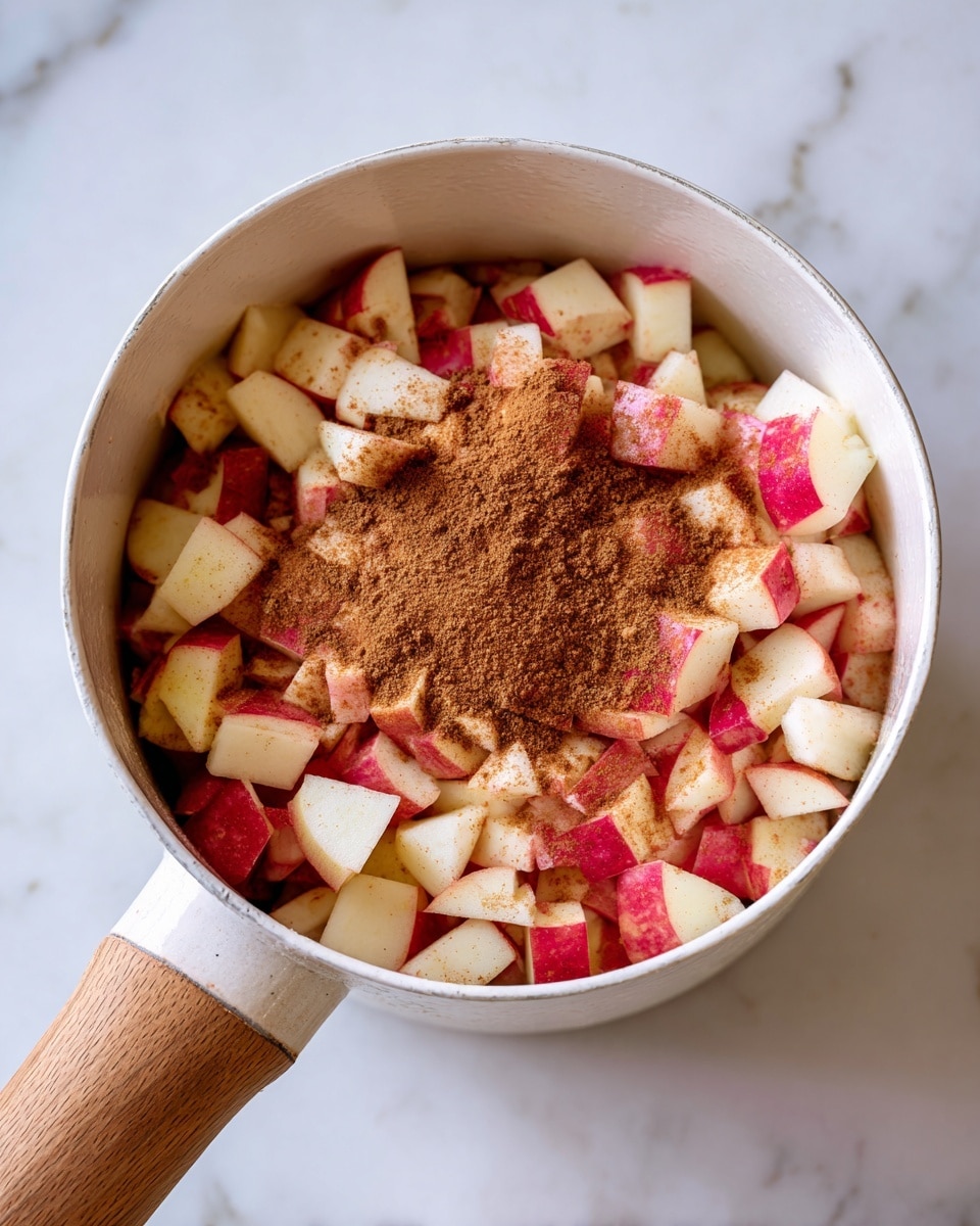A white pot with a wooden handle sits on a white marbled surface, filled with small chopped pieces of red and cream apple layers scattered evenly inside. On top of the apple pieces, there is a fine layer of brown cinnamon powder, creating a warm contrast against the lighter fruit colors. The pot is open from the top, showing all the fruit and spice inside clearly. photo taken with an iphone --ar 4:5 --v 7